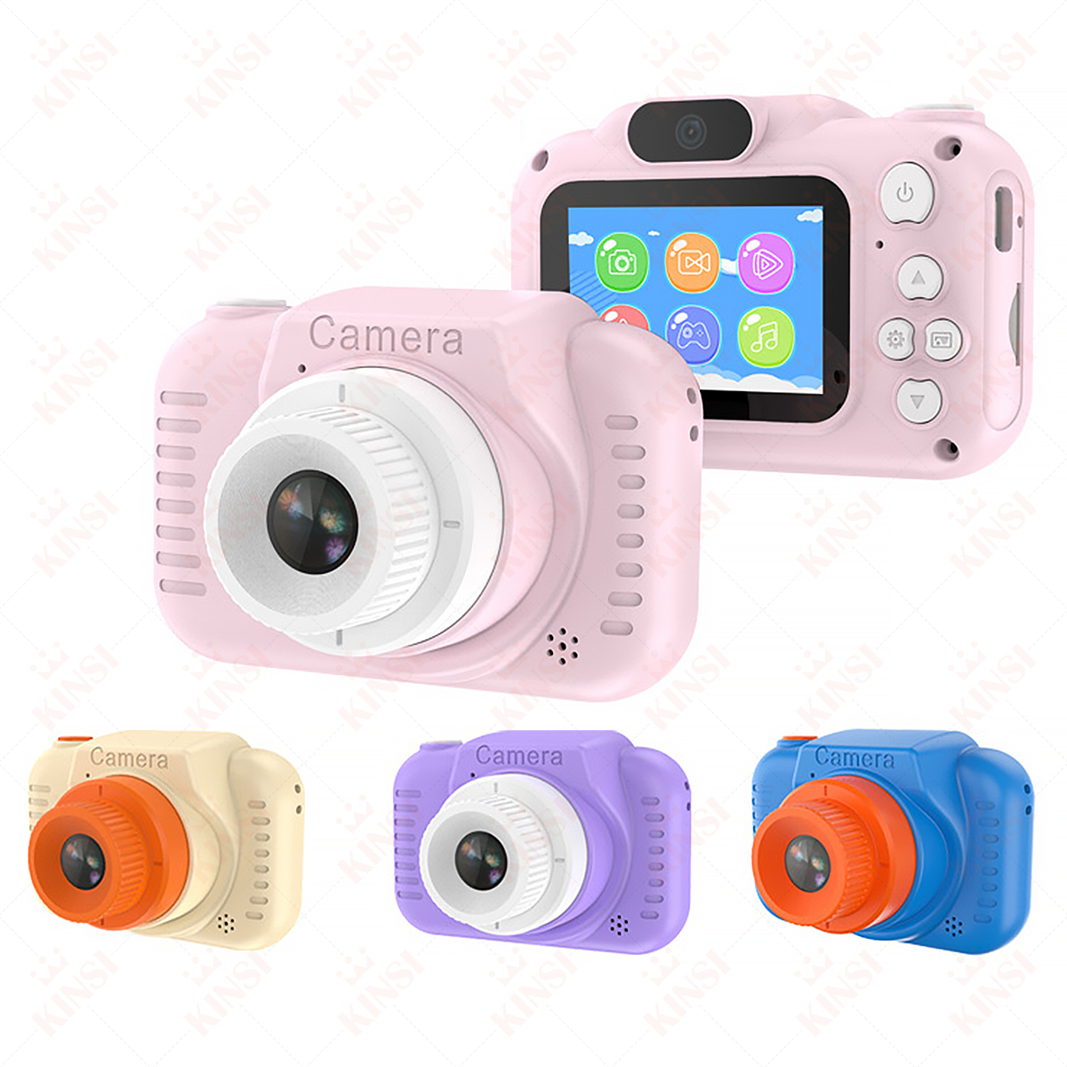 Pinke, beige, lila und blaue Kinderkameras. Sie haben ein Kameraobjektiv, Knöpfe und einen Bildschirm.