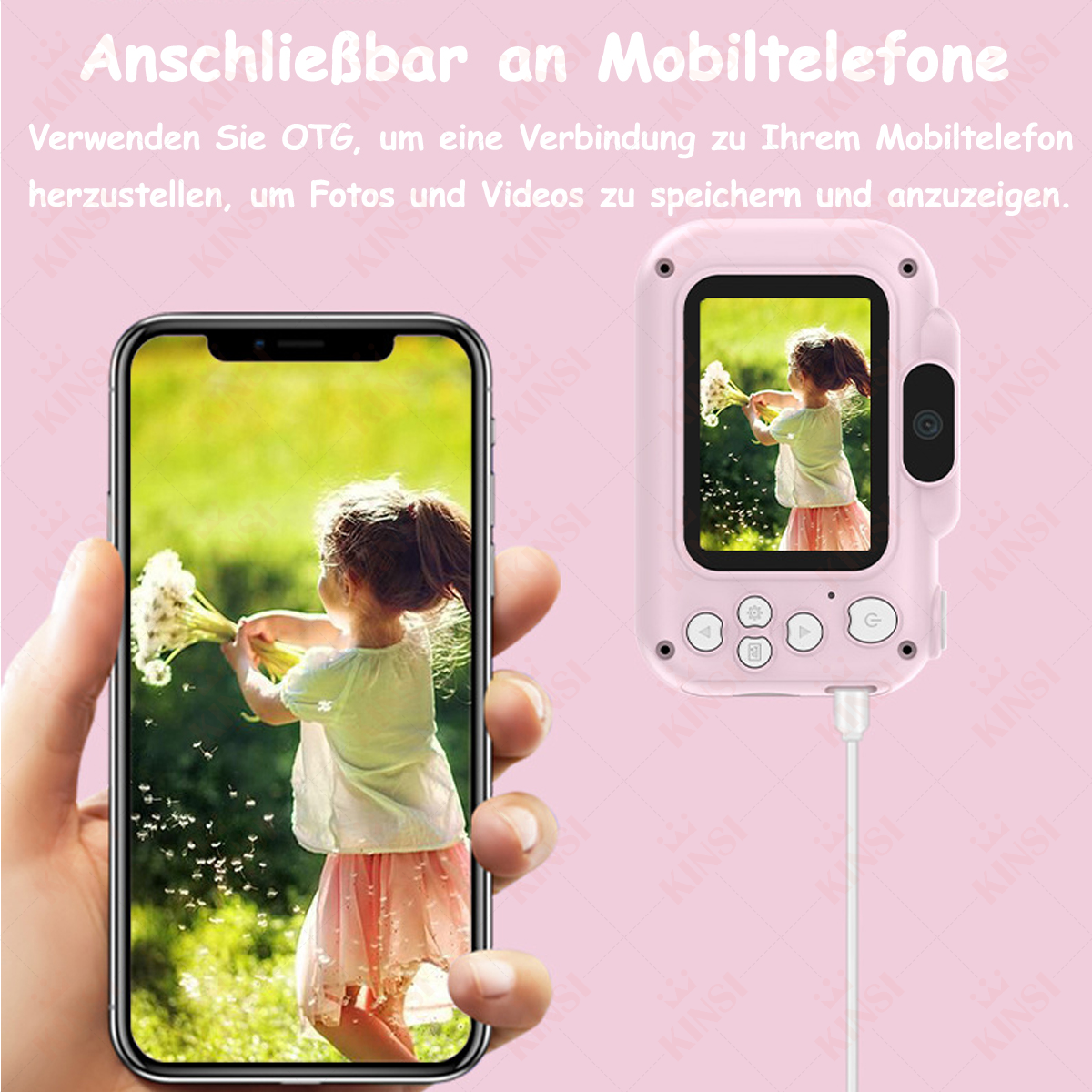 Telefon mit Mädchen und Blumen, daneben eine rosa Kamera und Text.