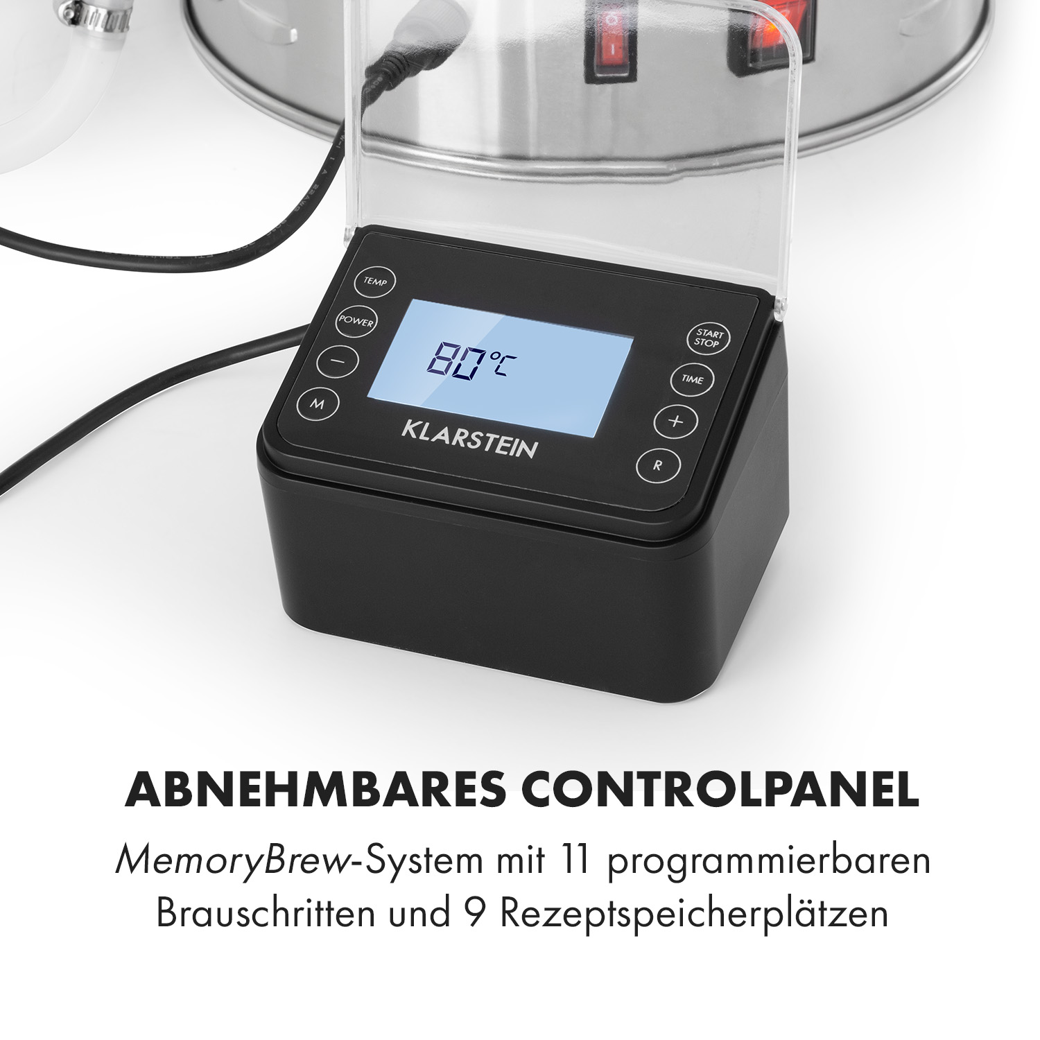 Schwarzes Bedienfeld zeigt 80°C an. Das Gerät dient zum Bierbrauen.