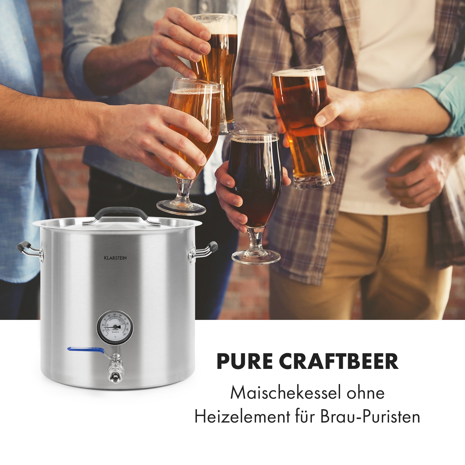 Una macchina per la produzione di birra e persone che alzano bicchieri di birra. Il testo recita: 'PURE CRAFTBEER'.