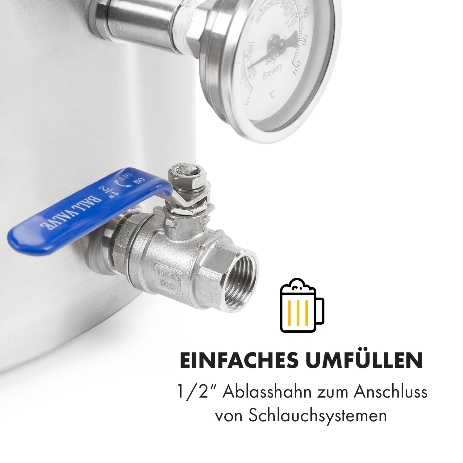 Pentola per birra in metallo con valvola e manico blu. Testo: Facile riempimento, valvola di scarico da 1/2".