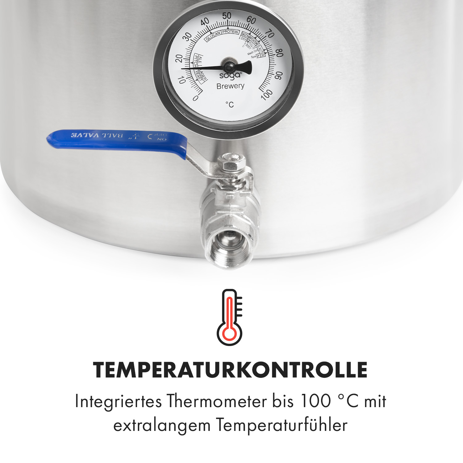 Bollitore per birra in acciaio inossidabile con termometro e valvola blu.
