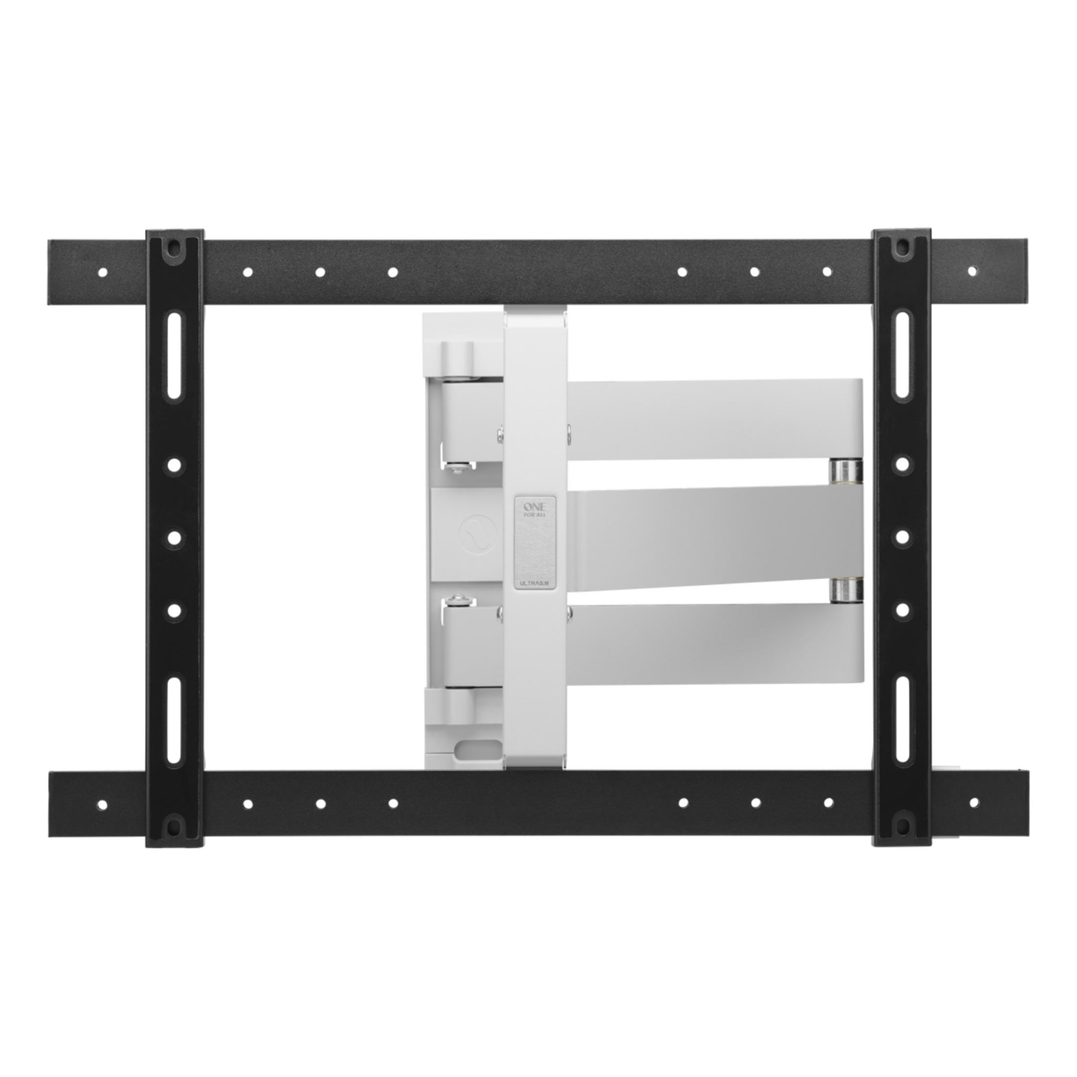 Black metal TV mount, with white and silver components. Designed to hold a TV.