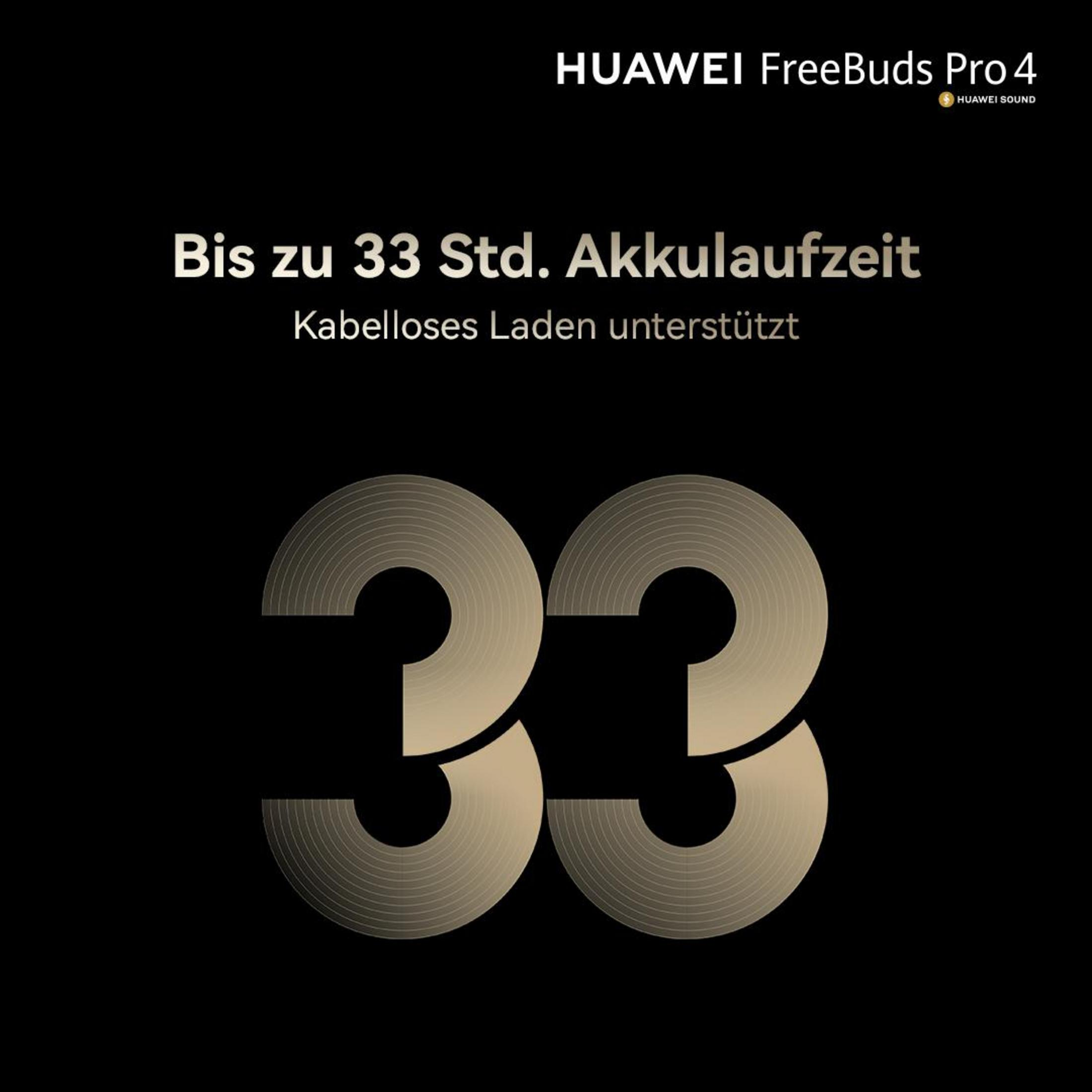 Złoty numer 33 na czarnym tle. Tekst powyżej mówi Huawei FreeBuds Pro 4.