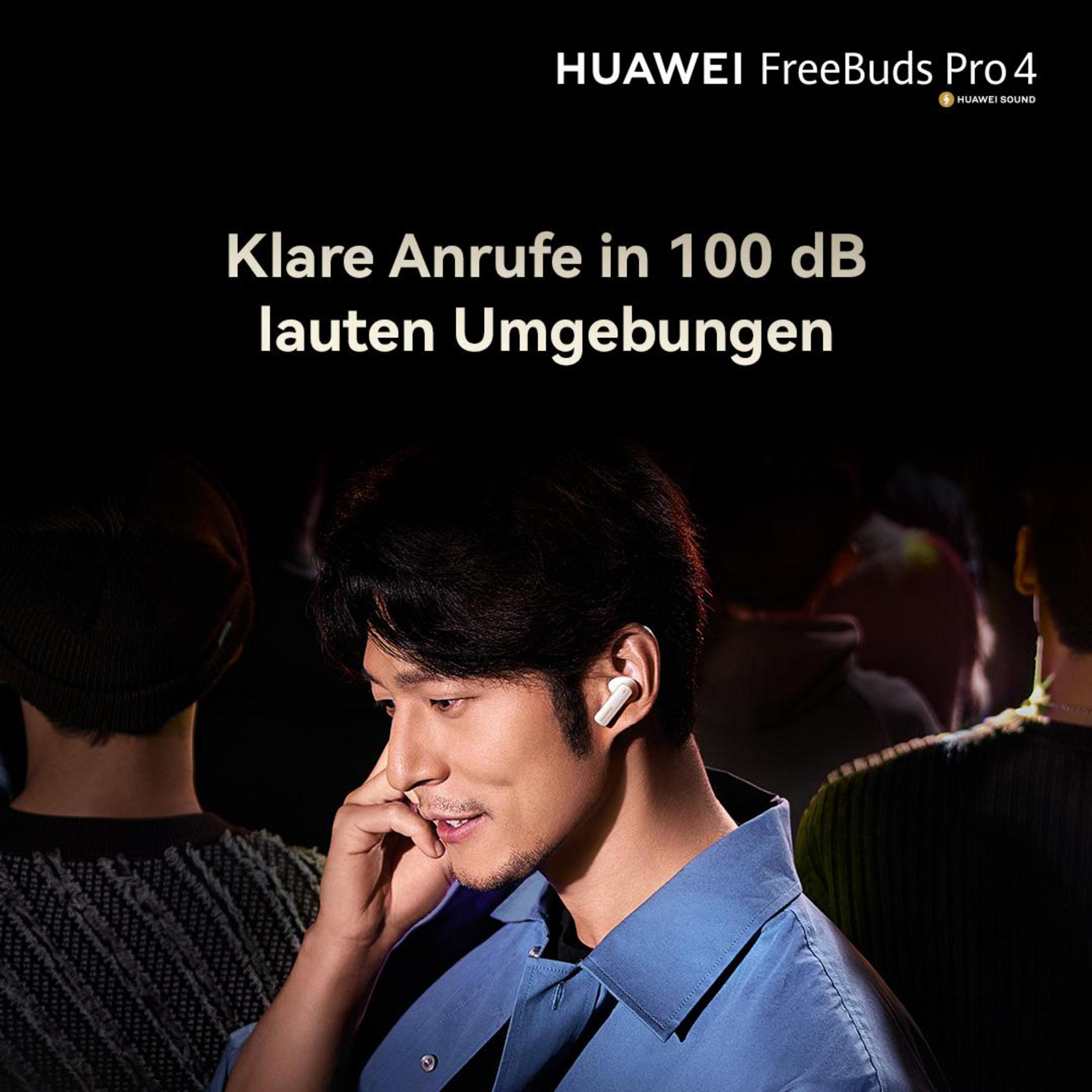 Mężczyzna używający Huawei FreeBuds Pro 4, tekst 'Wyraźne rozmowy w głośnym otoczeniu'.