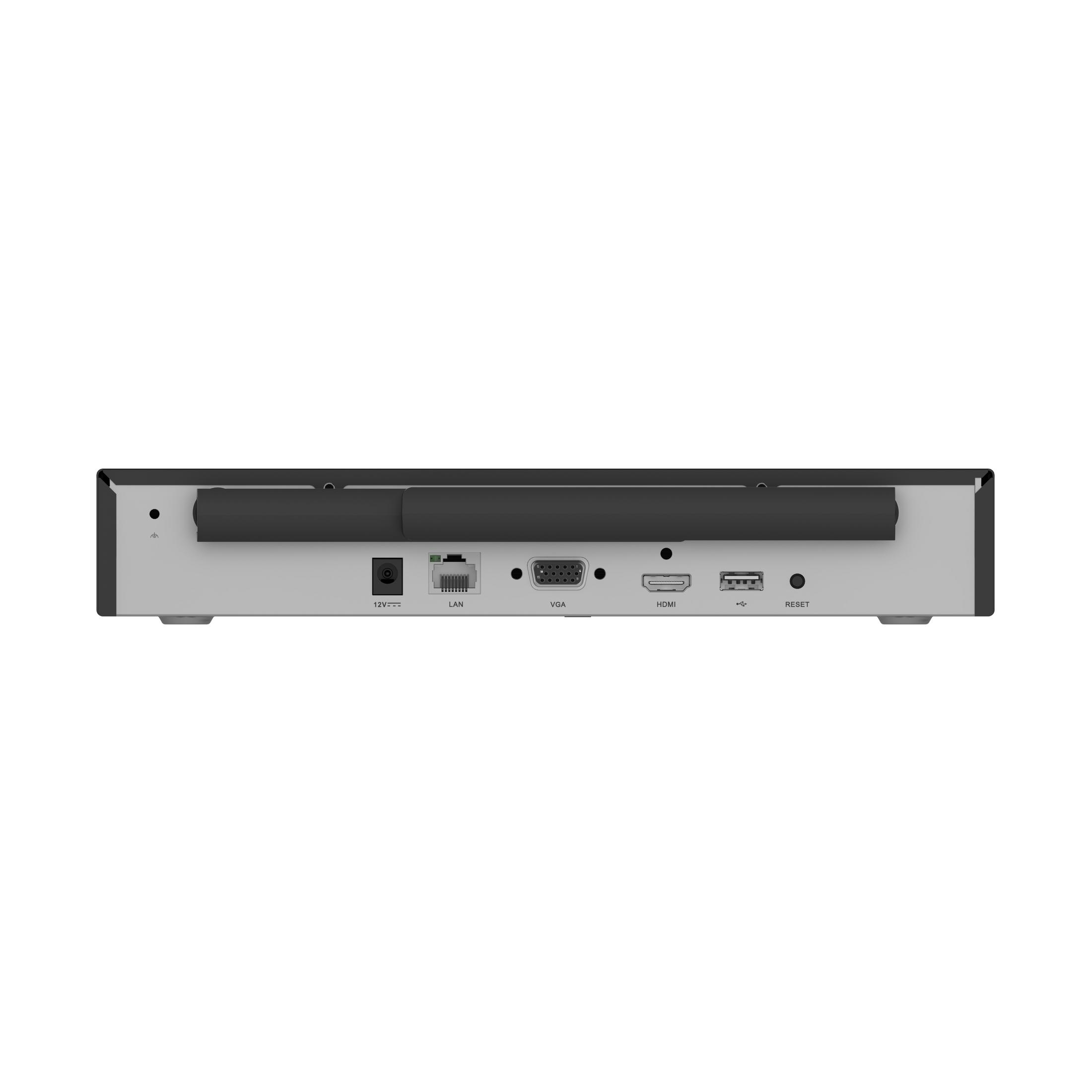 Retro di un dispositivo nero e grigio con porte: LAN, VGA, HDMI, USB e pulsante di ripristino.