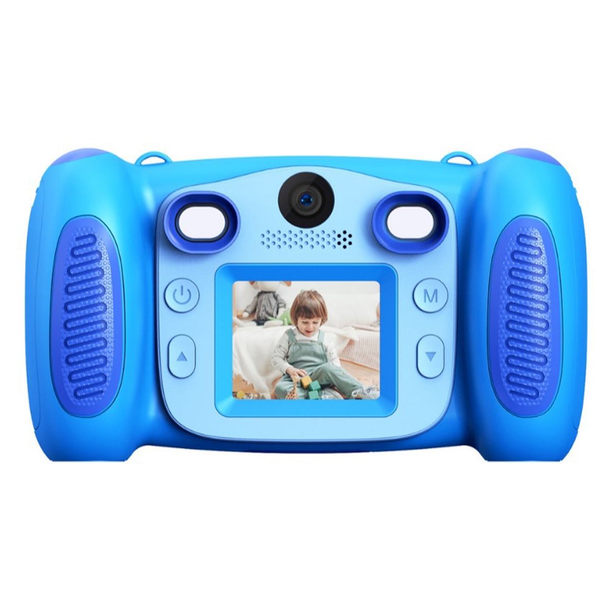 Niebieski aparat zabawka ze zdjęciem dziecka na ekranie.