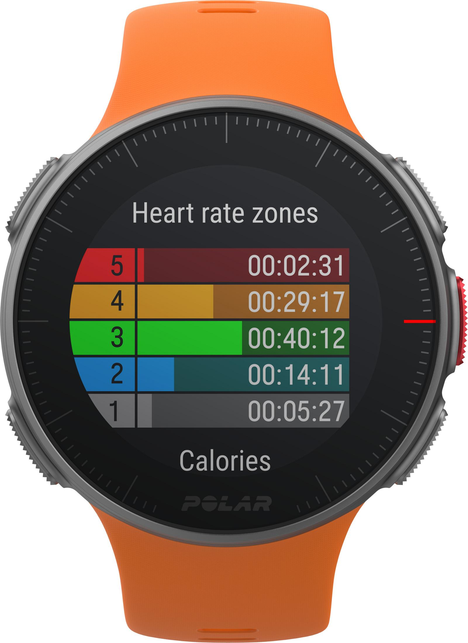 Smartwatch Polar arancione che mostra zone di frequenza cardiaca e informazioni sulle calorie. Accenti grigi e neri.