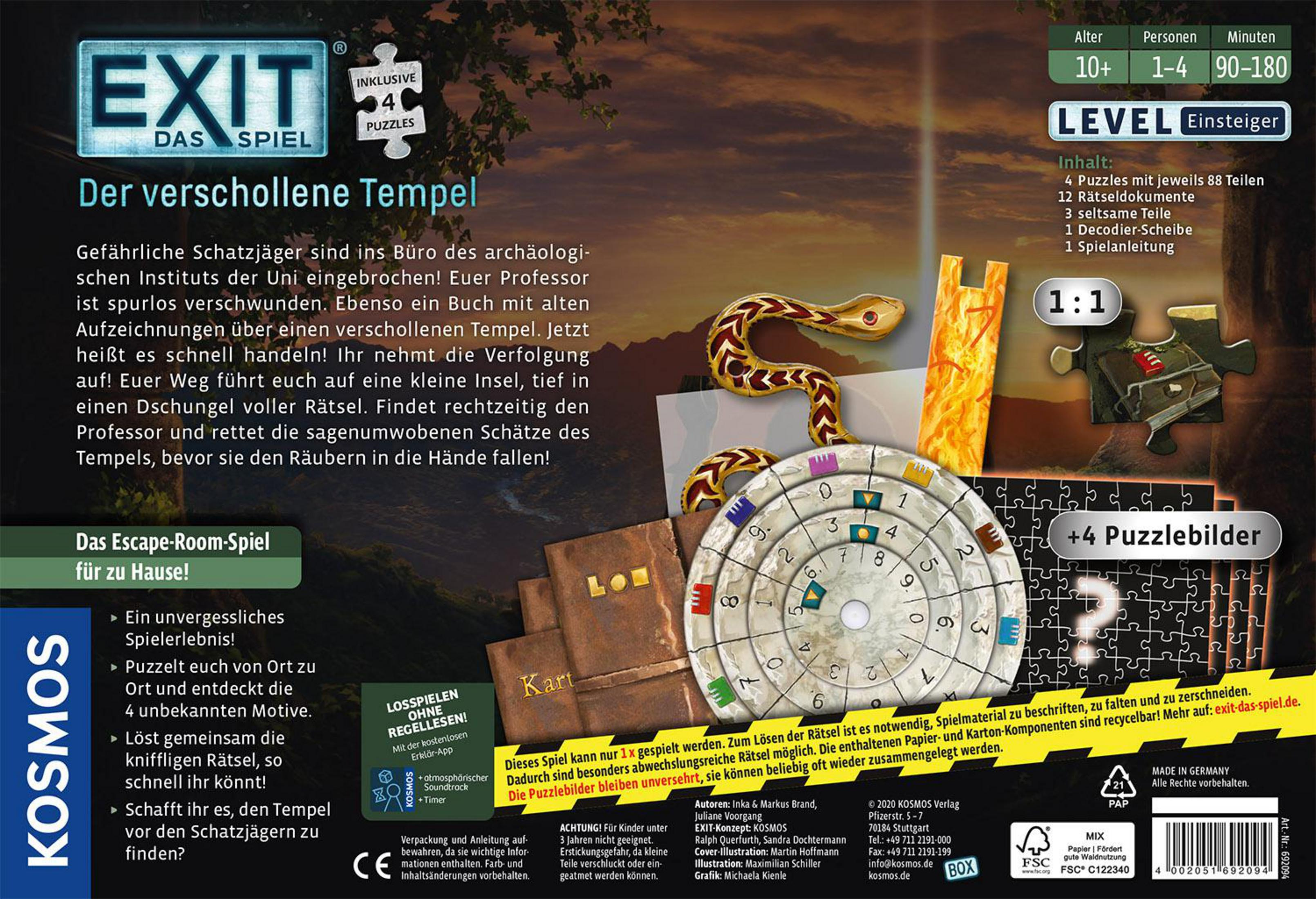 Box eines EXIT-Puzzlespiels. Das Cover zeigt den Spieletitel, eine Schlange und Spielkomponenten.