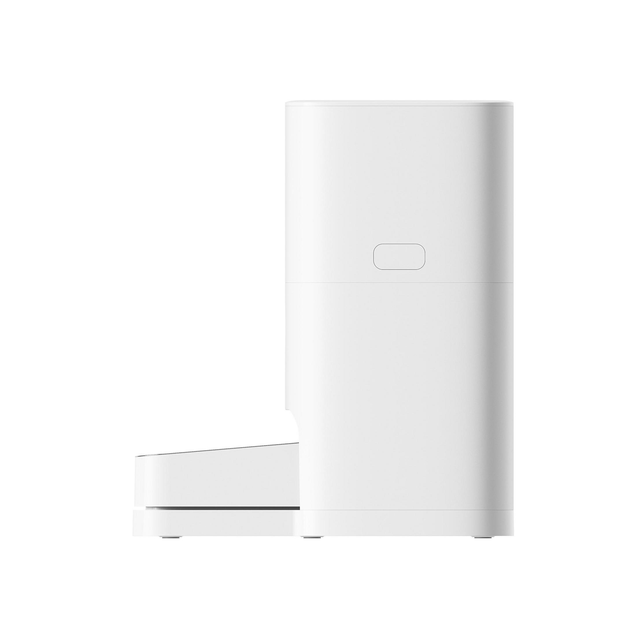 Biały dozownik karmy dla zwierząt z prostokątną tacką.