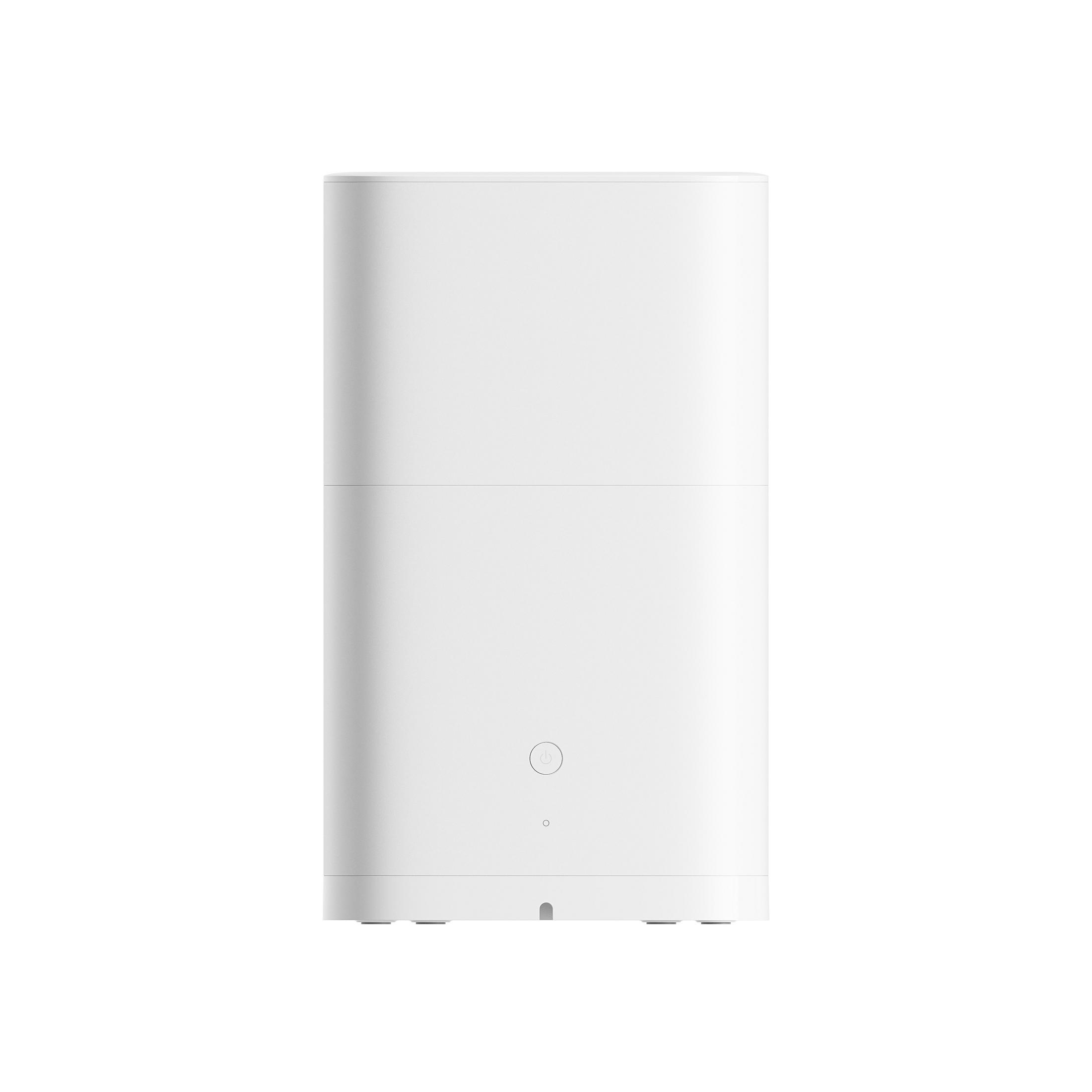 Białe, prostokątne urządzenie smart home z małym kółkiem i szczeliną z przodu.