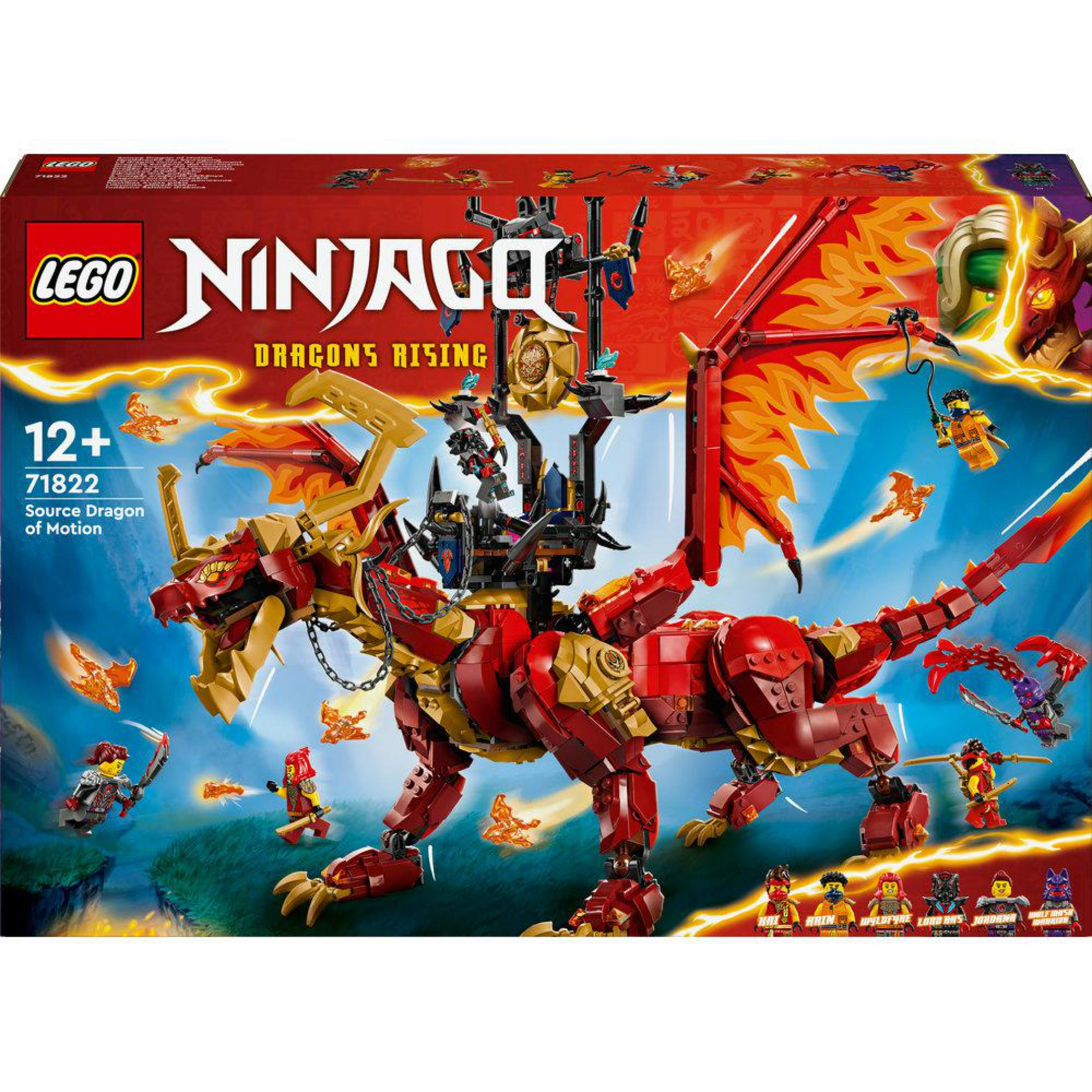 Zestaw Lego Ninjago, czerwony i złoty smok z minifigurkami, pudełko w tle.