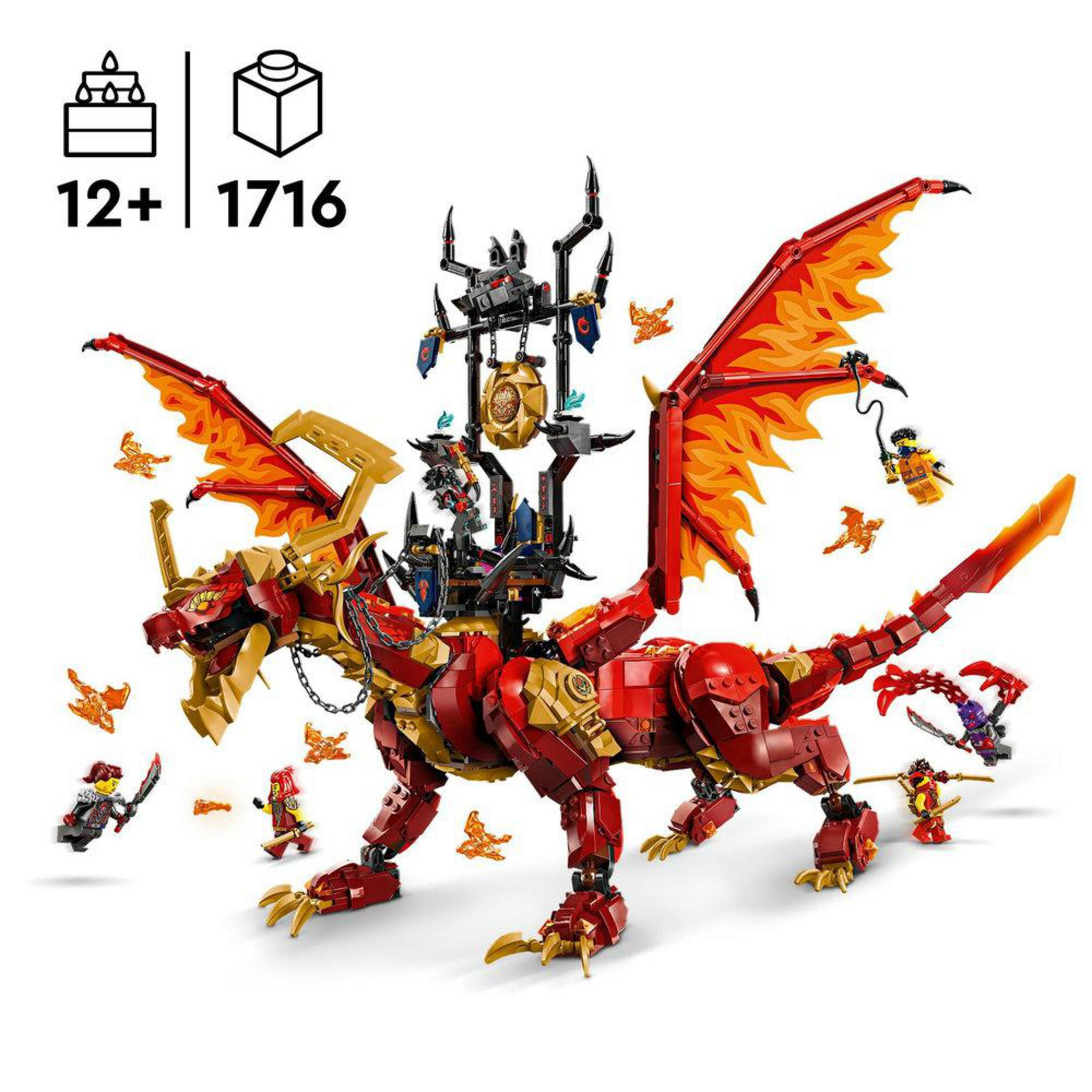 Zestaw Lego Ninjago ze smokiem i minifigurkami, z klockami Lego wokół.