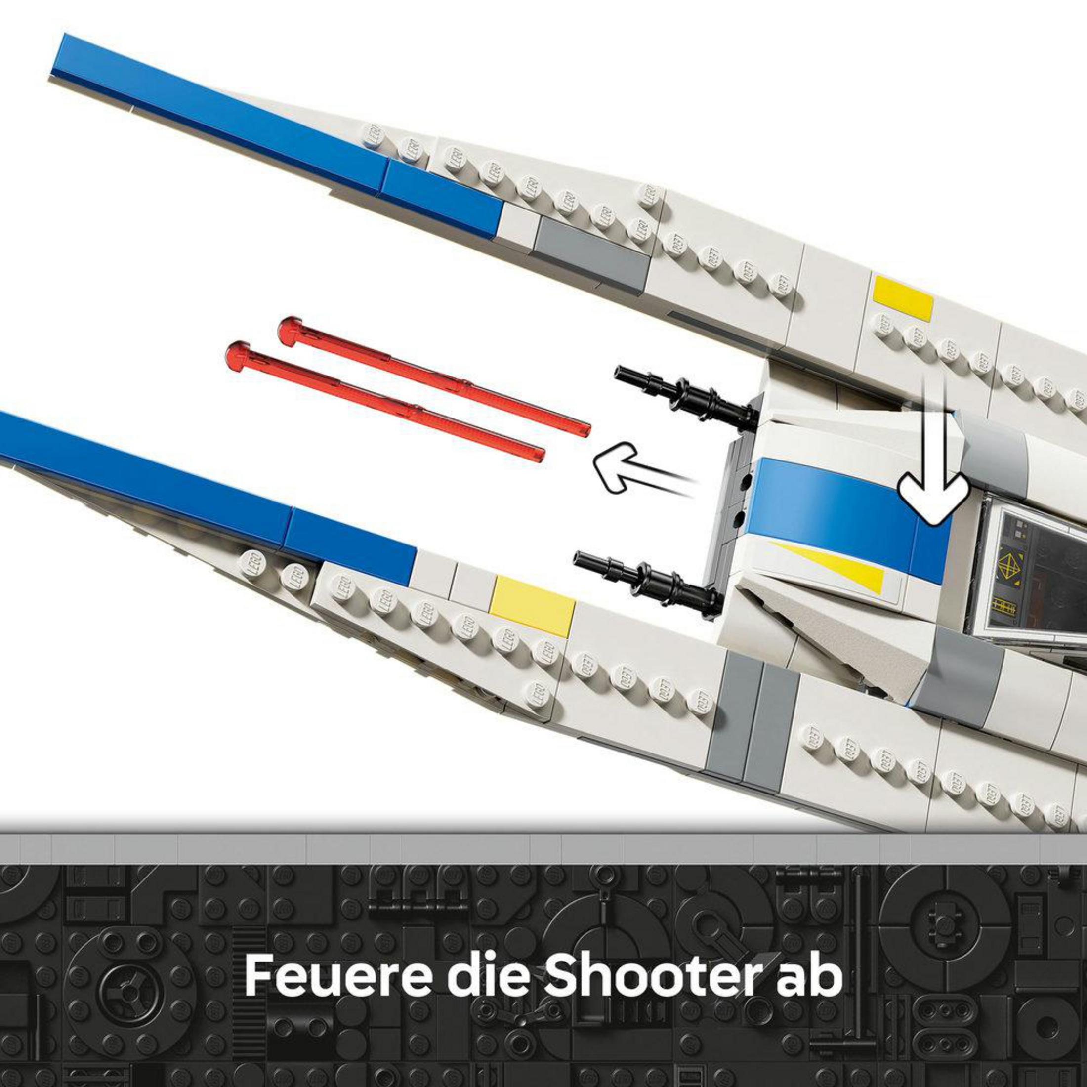 Szczegóły Lego Star Wars U-Wing Starfighter. Instrukcje pokazują instalację broni. Czerwone pociski i czarne wieżyczki.