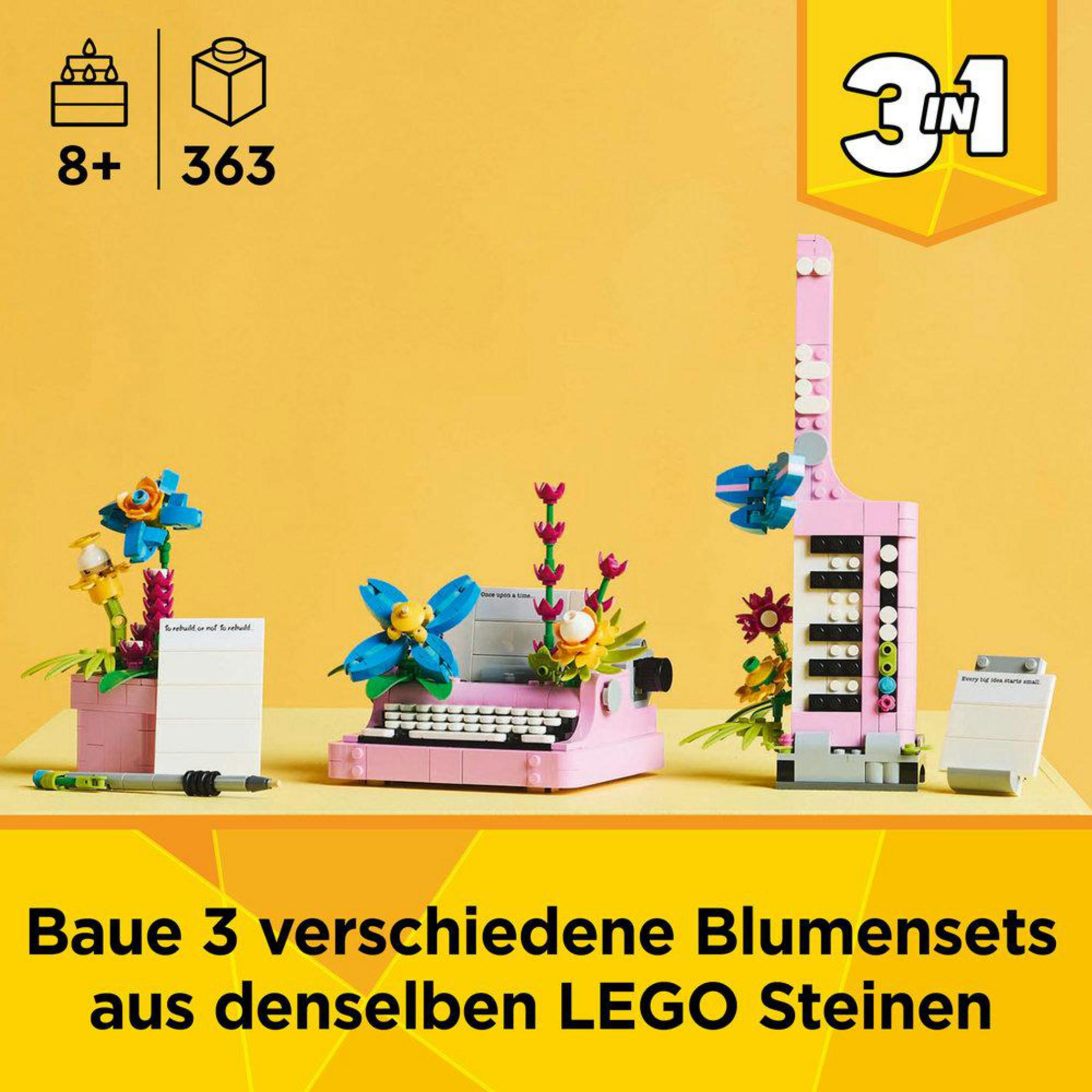 Set Lego Creator con máquina de escribir, arreglos florales y estructura de ladrillos similar a una guitarra.