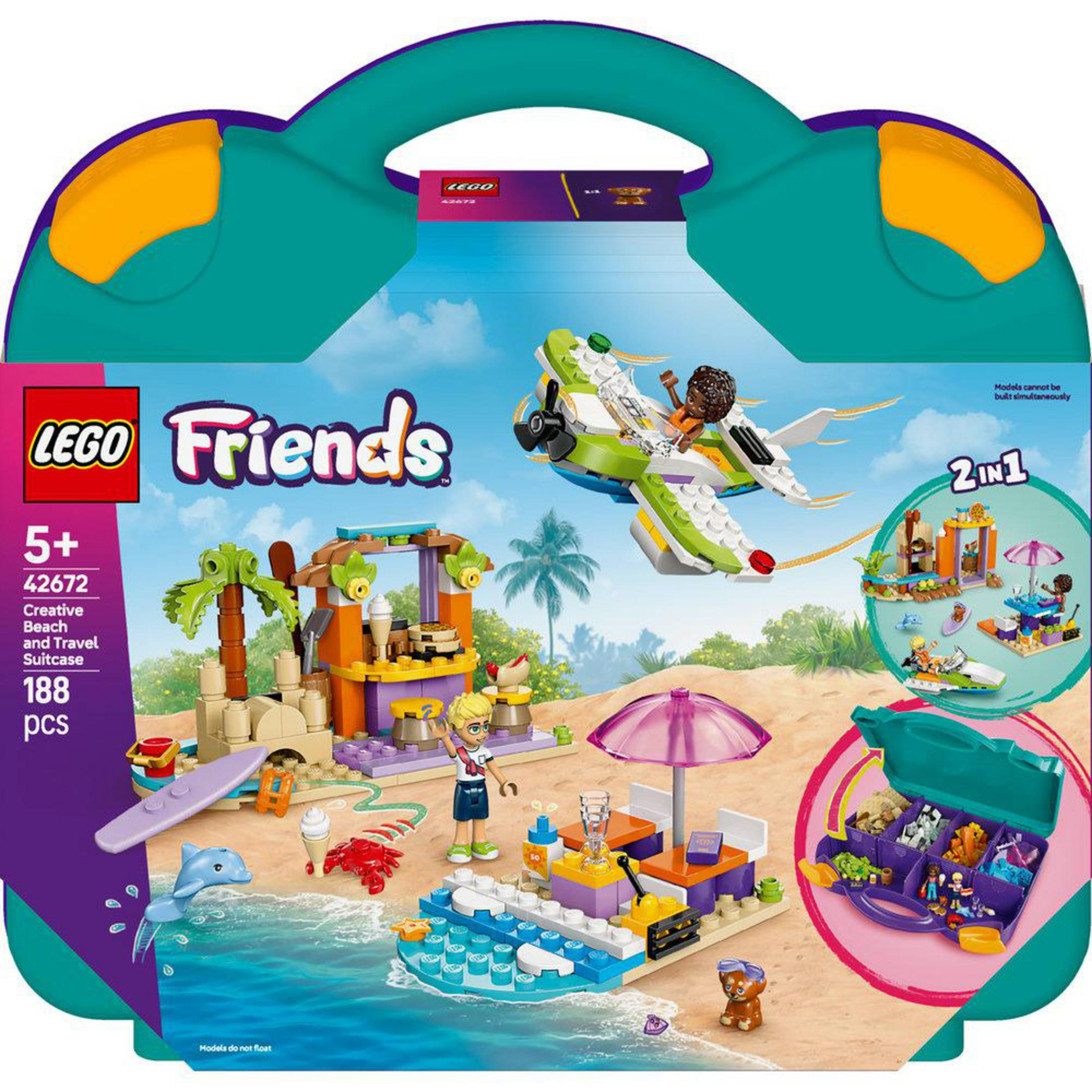 Zestaw Lego Friends z walizką plażową i podróżną z różnymi miniaturowymi scenami.