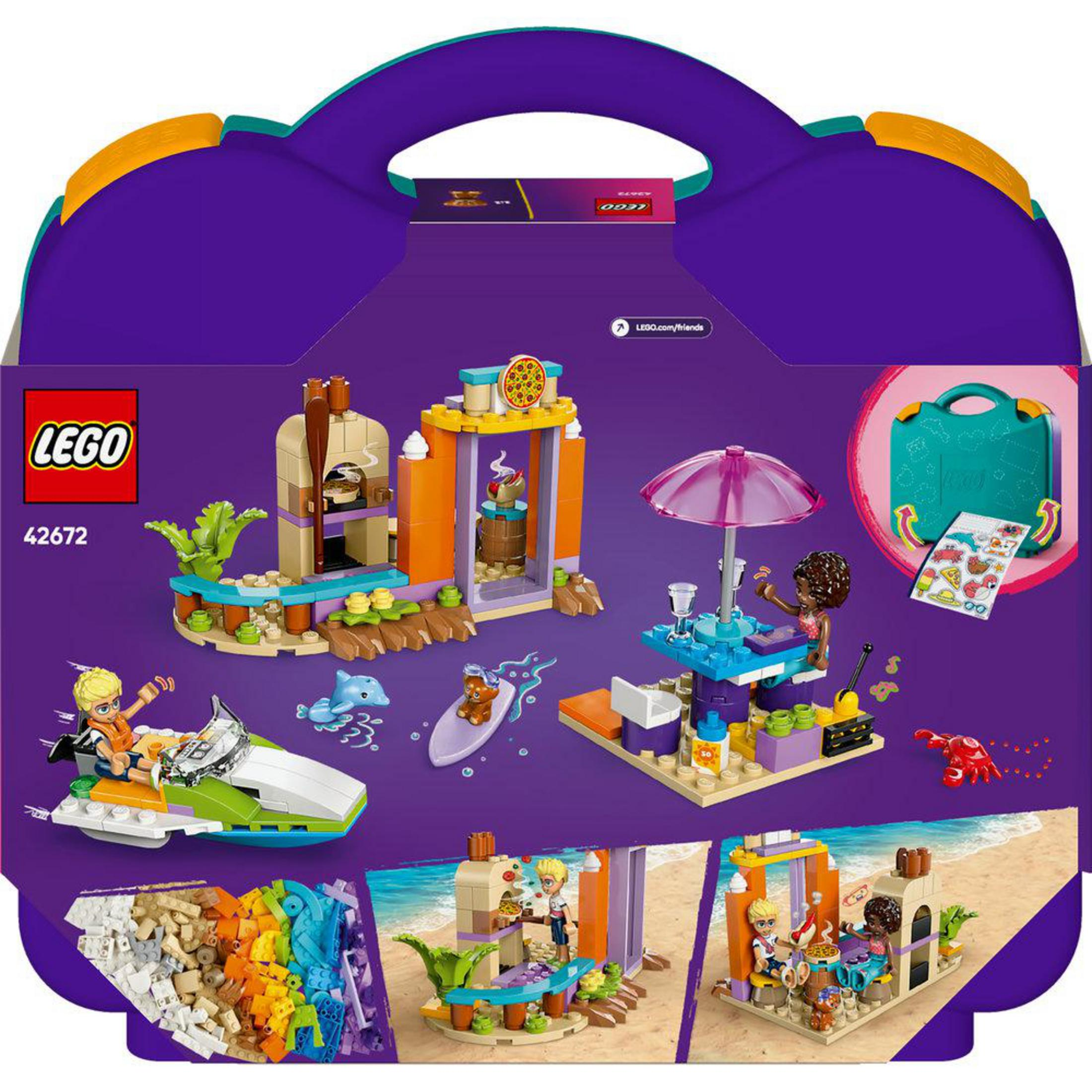 Parte trasera de la maleta de playa y viaje Lego Friends con varias escenas en miniatura.
