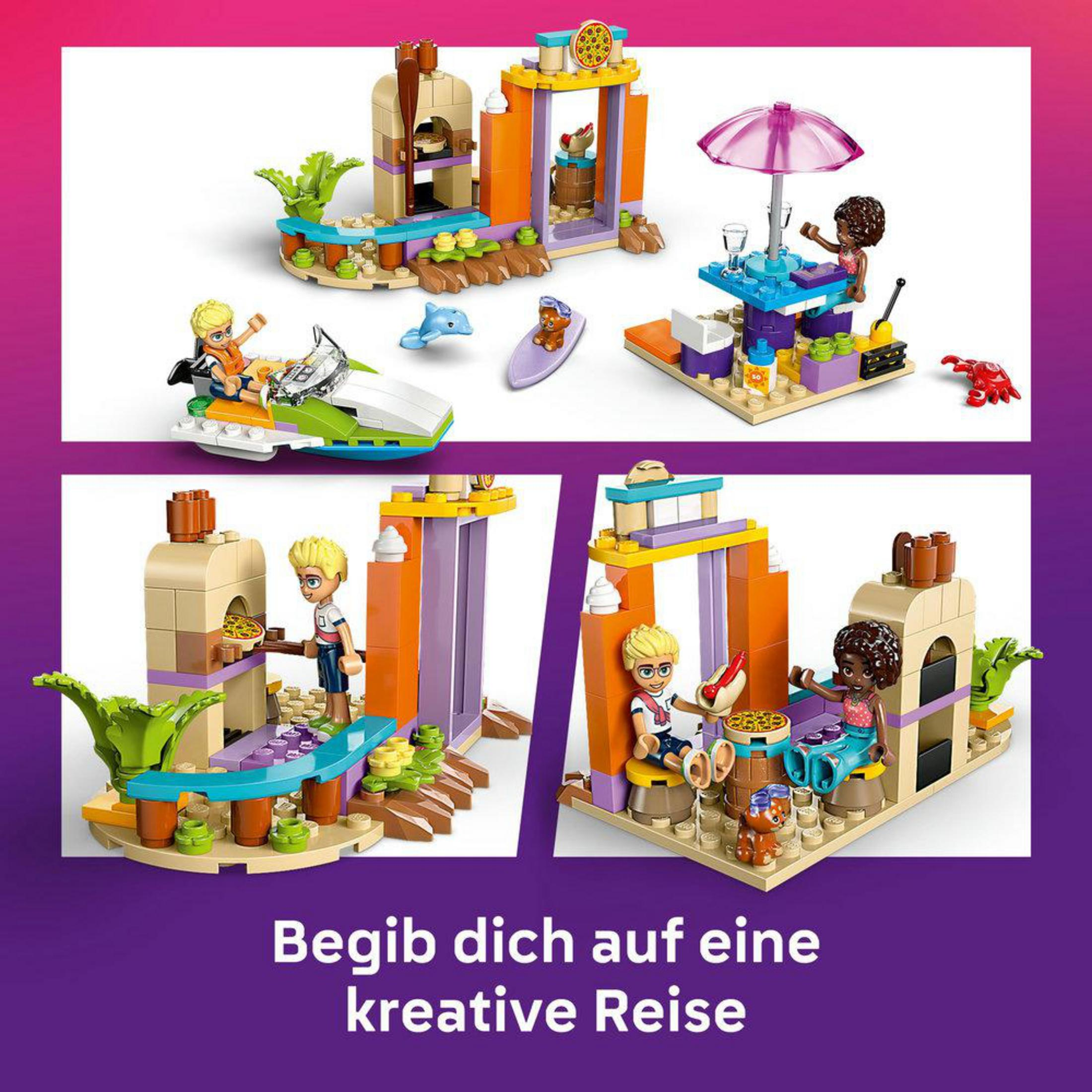 Set Lego Friends con múltiples escenas: café de playa, barco y una niña en la playa.