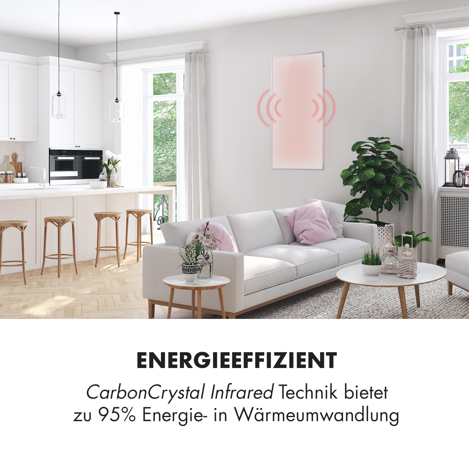 Wohnzimmer mit weißem Sofa, Couchtischen und einem Wand-Infrarot-Heizgerät. Rosa Glimmen.