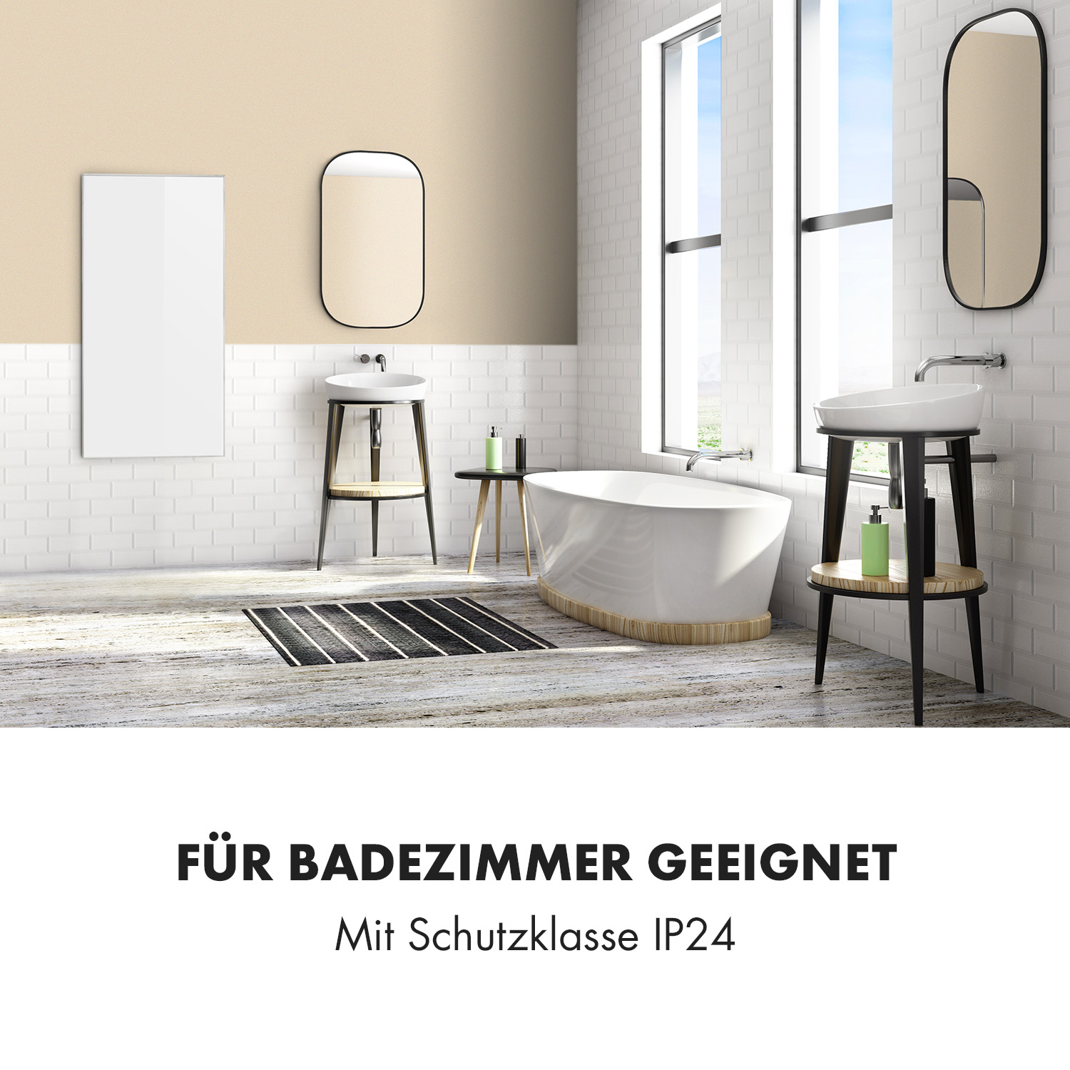Badezimmer mit weißer Badewanne, Waschbecken, Spiegel und schwarz-weißer Matte.