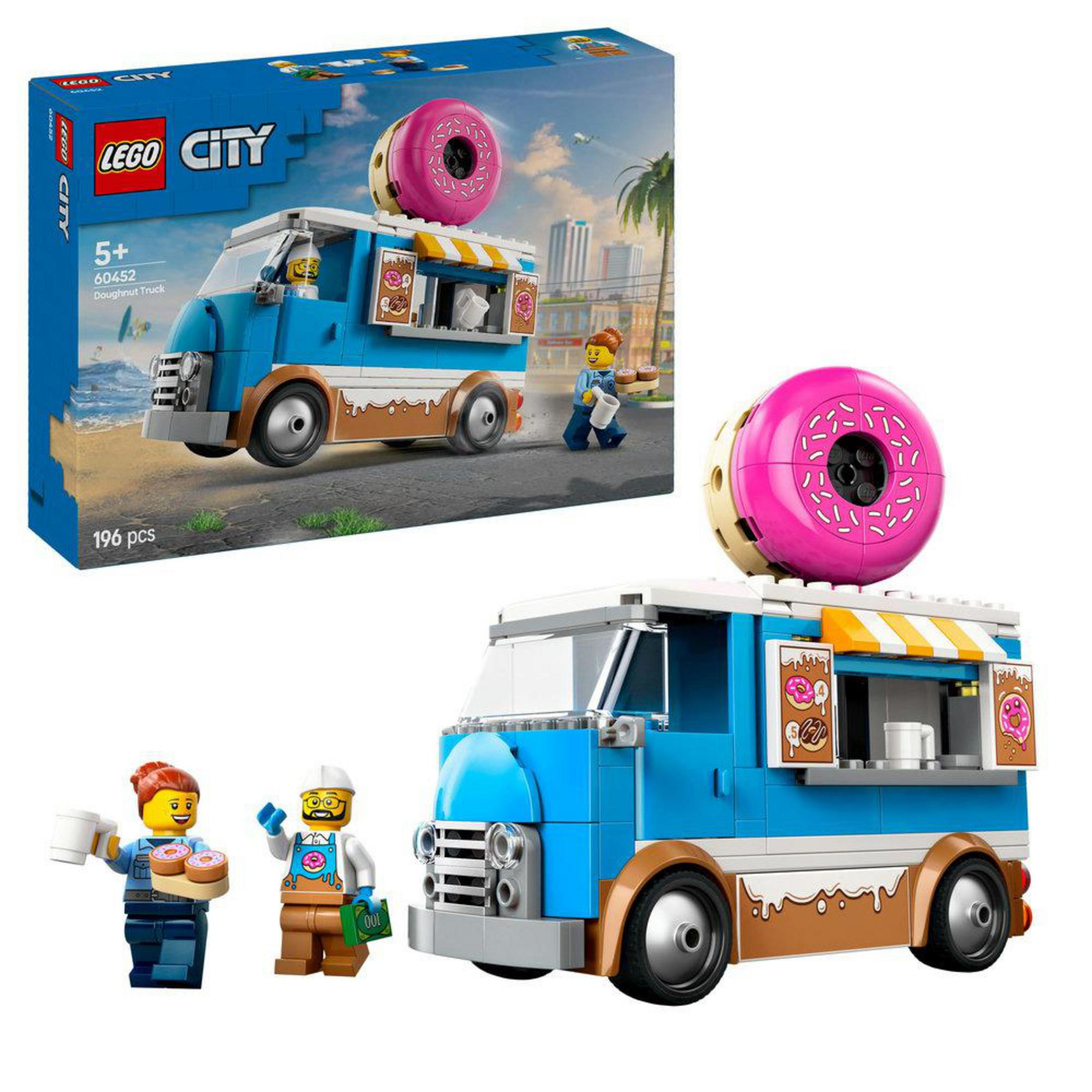 Zestaw ciężarówki z pączkami Lego City z niebieską ciężarówką, pączkami i minifigurkami.