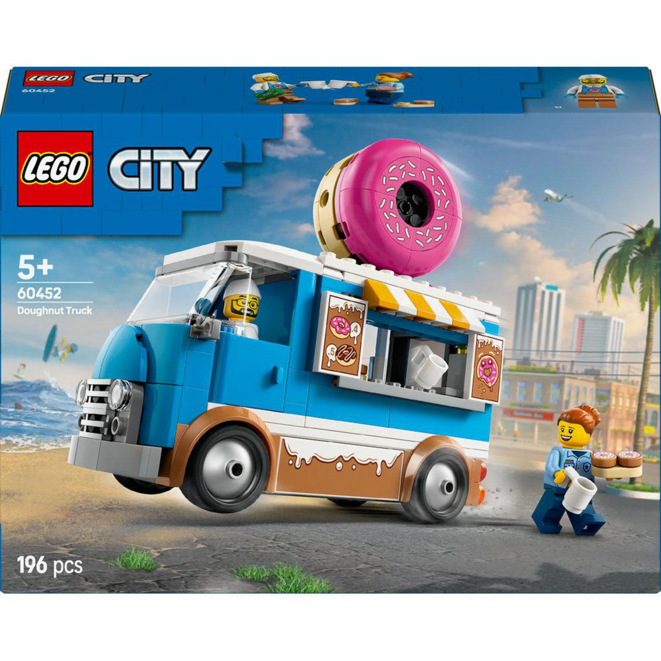 Zestaw ciężarówki z pączkami Lego City z niebieską ciężarówką, pączkami i minifigurkami.