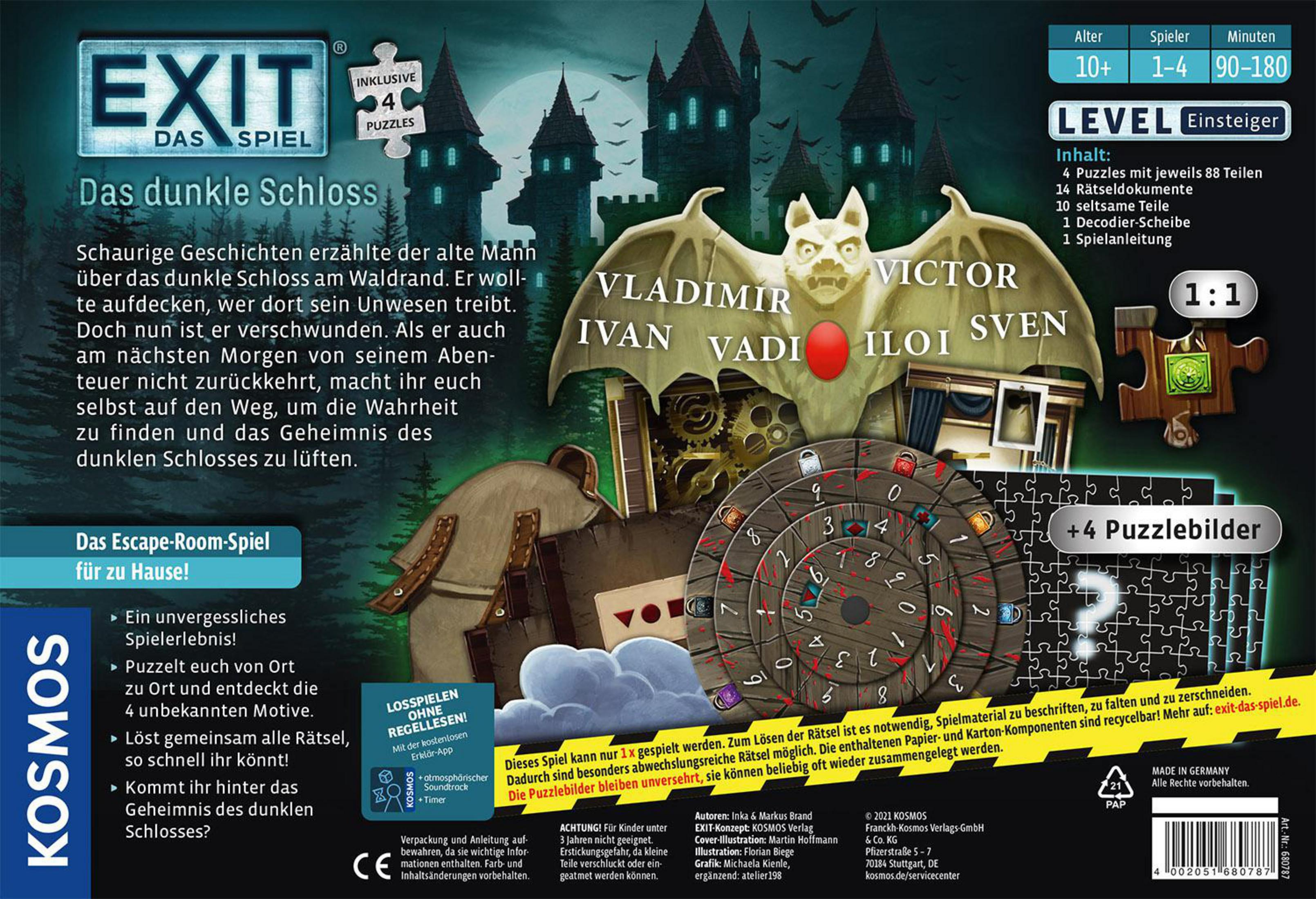 Box für ein Escape-Room-Spiel mit dem Titel 'Das dunkle Schloss'. Zeigt das Spiel und Charaktere.