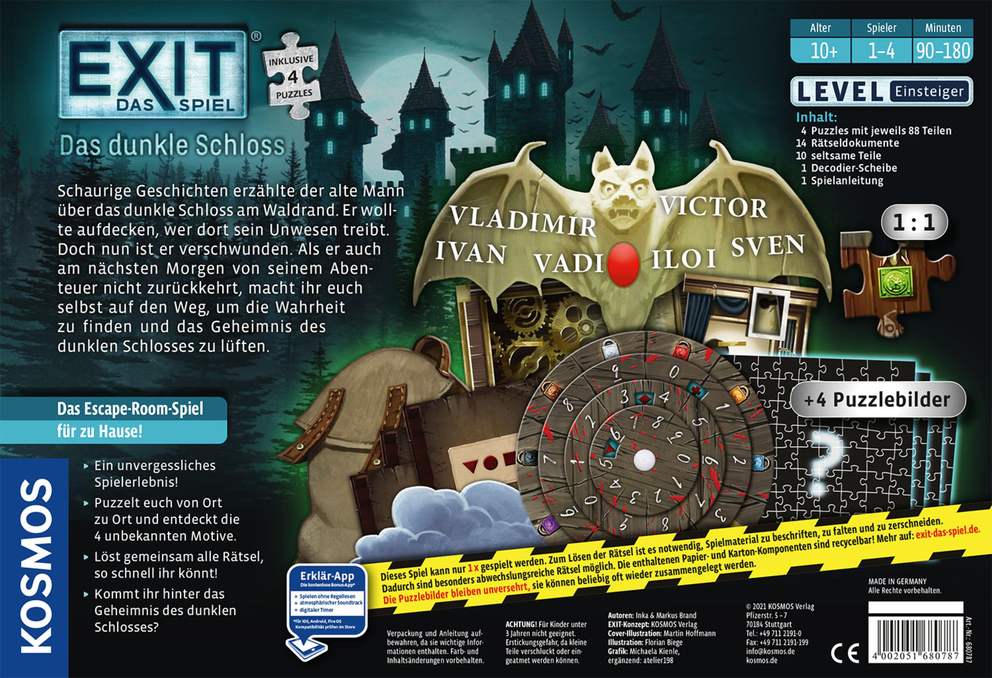 Exit Das Spiel Box, Rückansicht. Illustration eines dunklen Schlosses und Puzzles. Das Spiel ist für 1-4 Spieler.