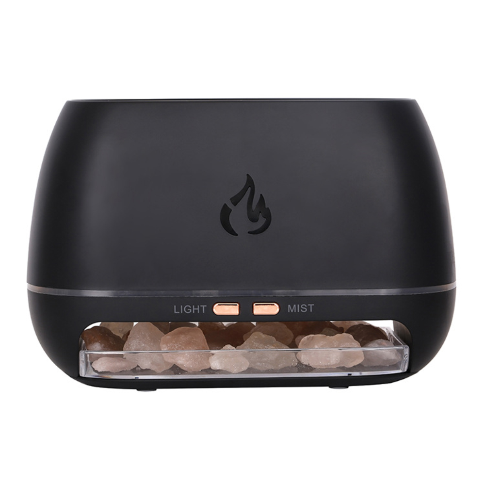 Schwarzer Luftbefeuchter mit Flammendesign. Kupferfarbene Knöpfe für Licht und Nebel.