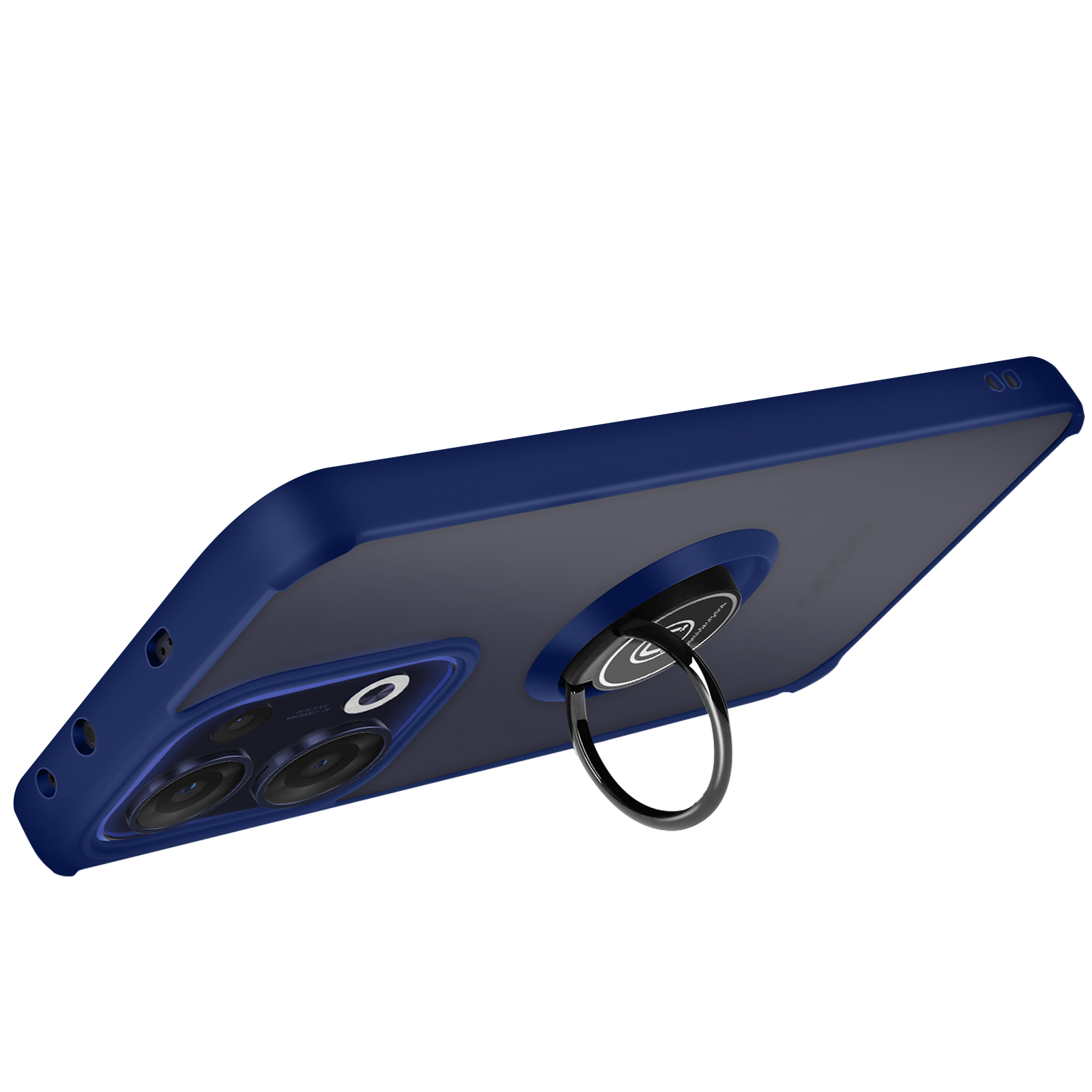 Custodia blu per telefono con anello, mostra un telefono con più lenti.