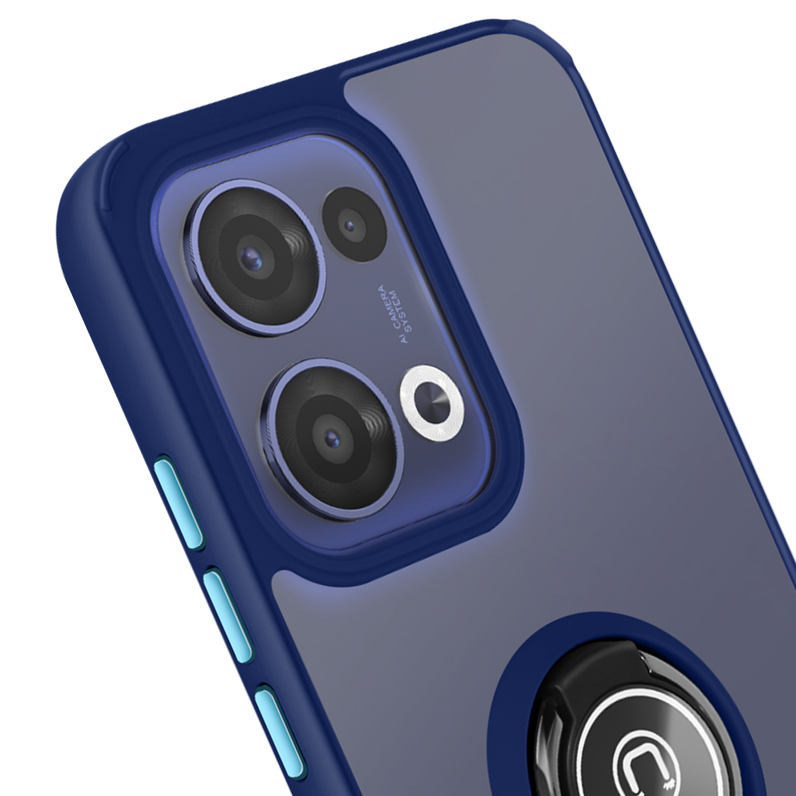 Una custodia per telefono con cornice blu scuro e retro trasparente, che mostra la fotocamera del telefono.