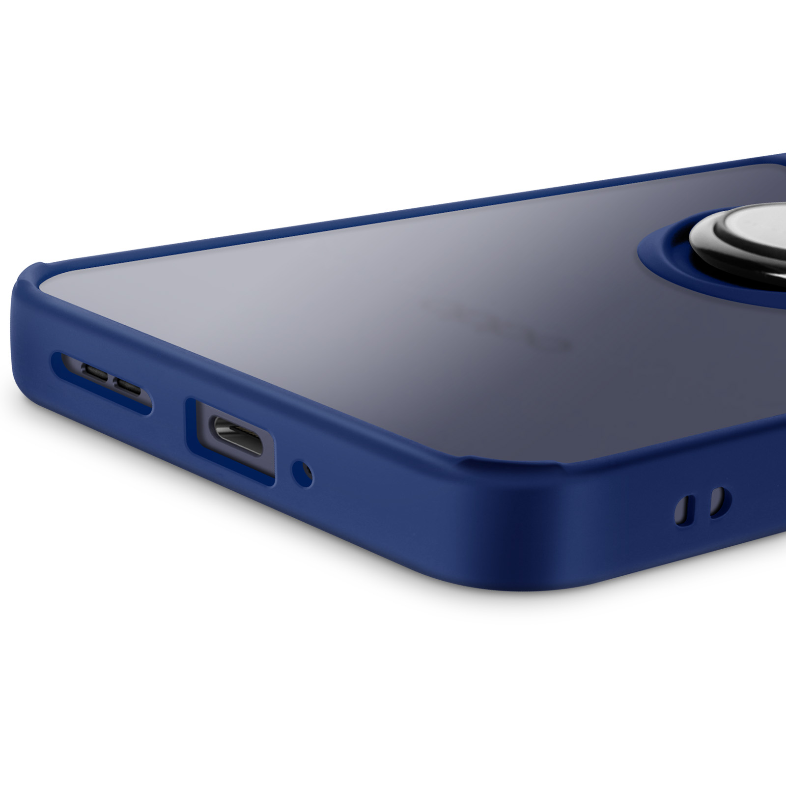 Primo piano di una custodia blu per telefono con un supporto ad anello argentato su una superficie bianca.