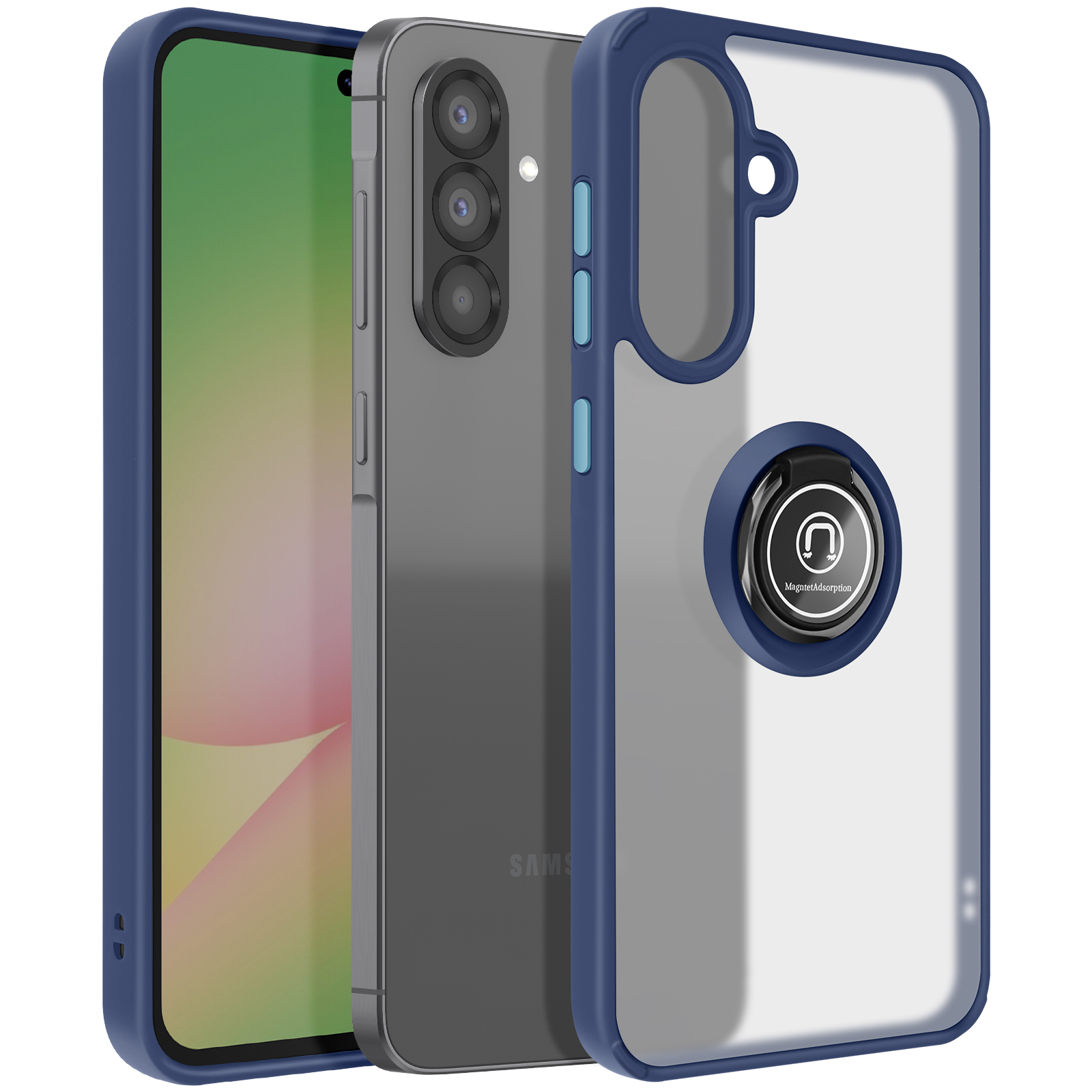 Un telefono cellulare con custodia. La custodia è blu, con un anello di supporto. Il telefono è grigio con lenti nere.
