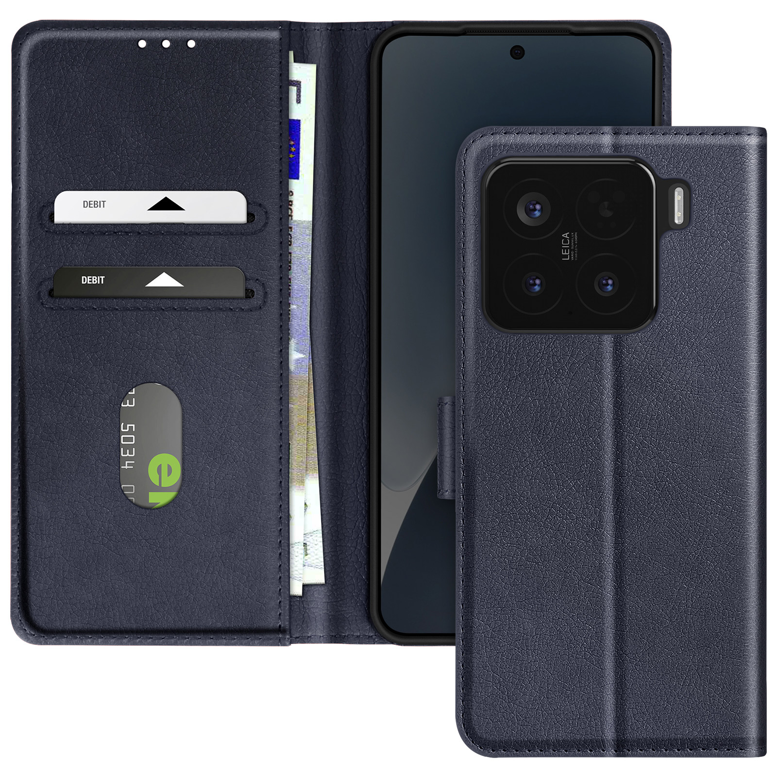 Una custodia per telefono blu navy con un telefono all'interno, che mostra carte e denaro. Ha una fotocamera nera.