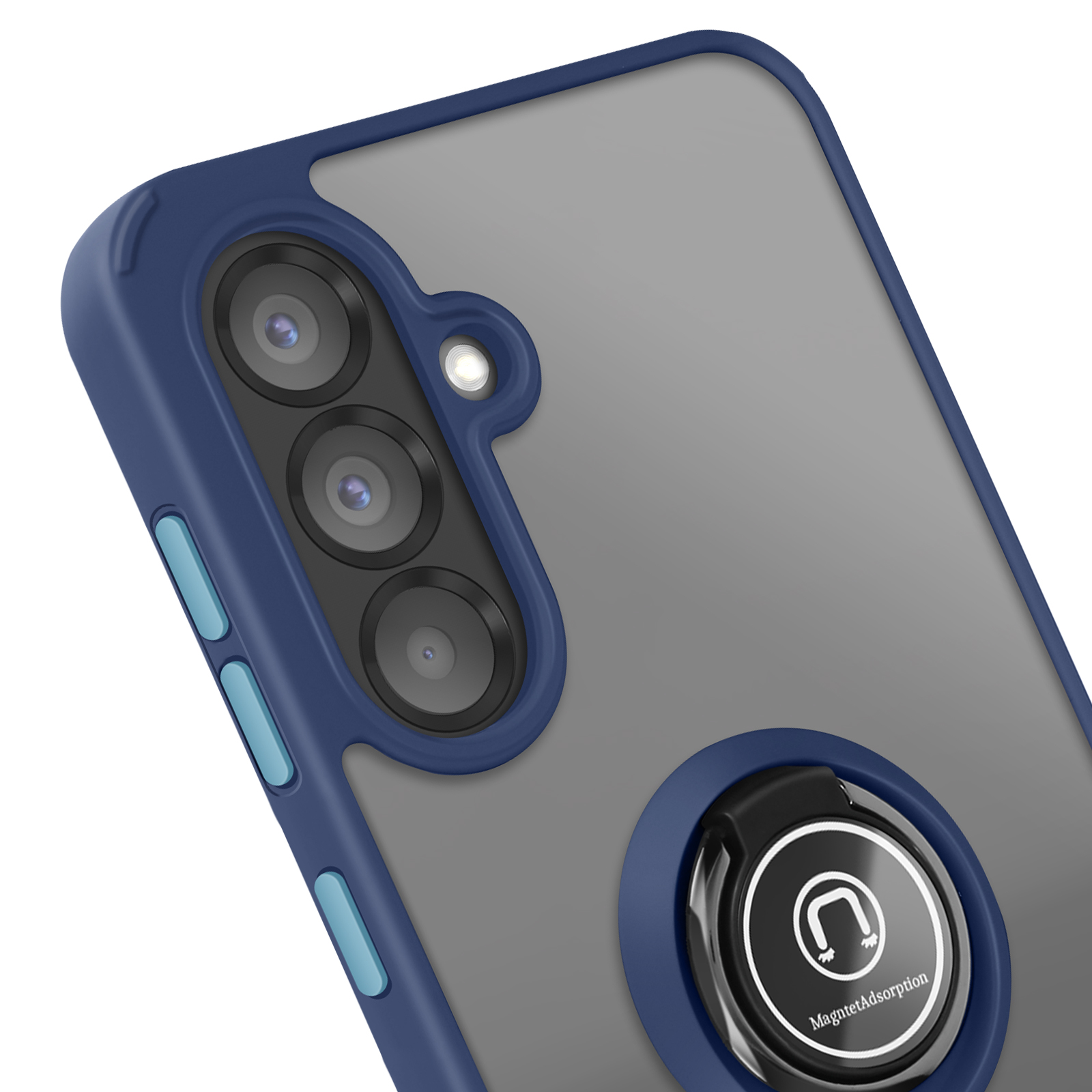 Custodia blu per telefono con anello. Fotocamera del telefono. Sfondo bianco.
