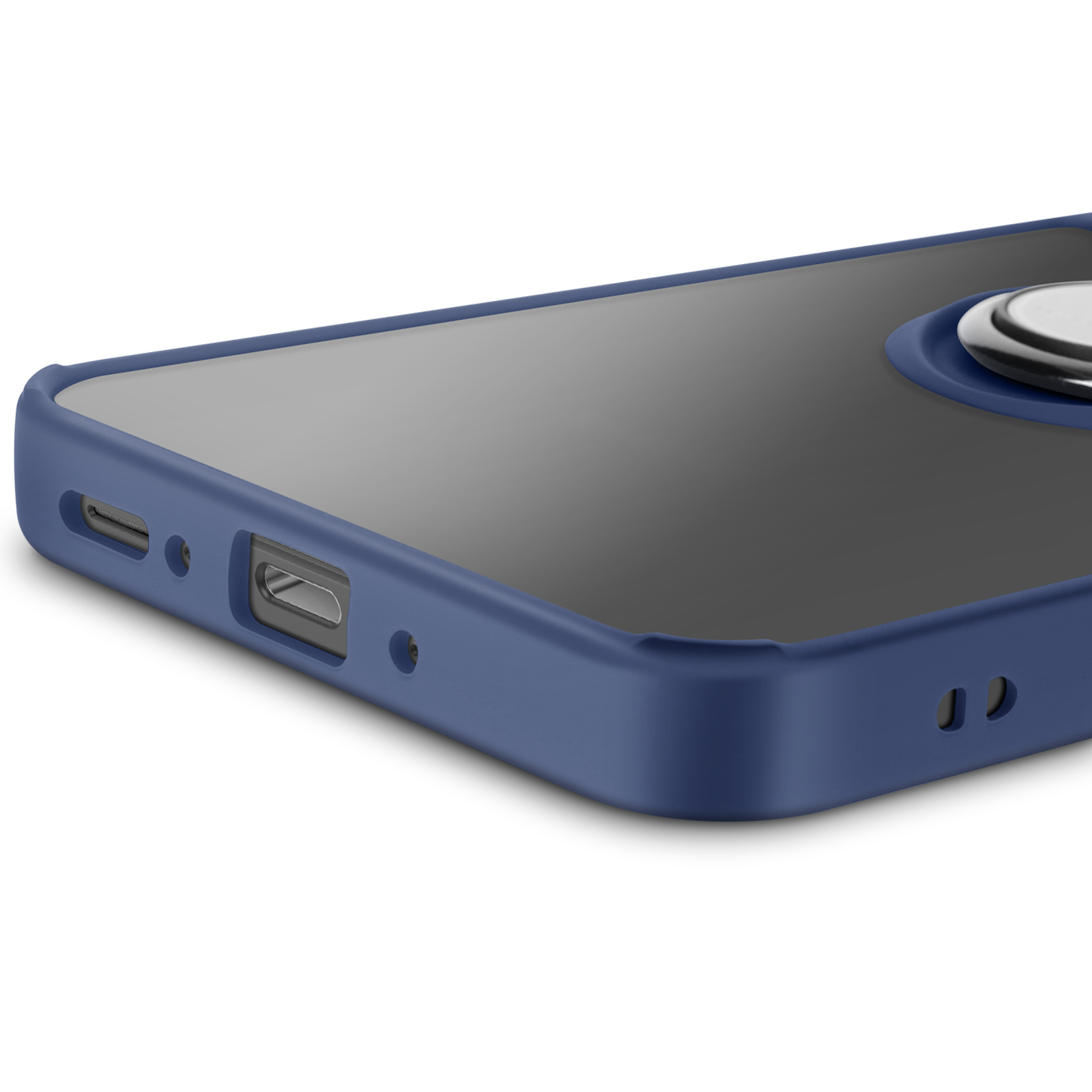 Custodia blu per telefono con porta di ricarica. Pelle blu scuro. Sfondo bianco.