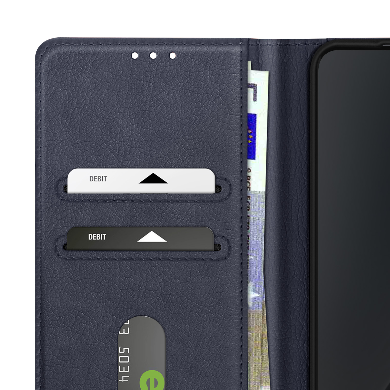 Custodia a portafoglio in pelle blu scuro con fessure per carte e denaro, telefono nero.