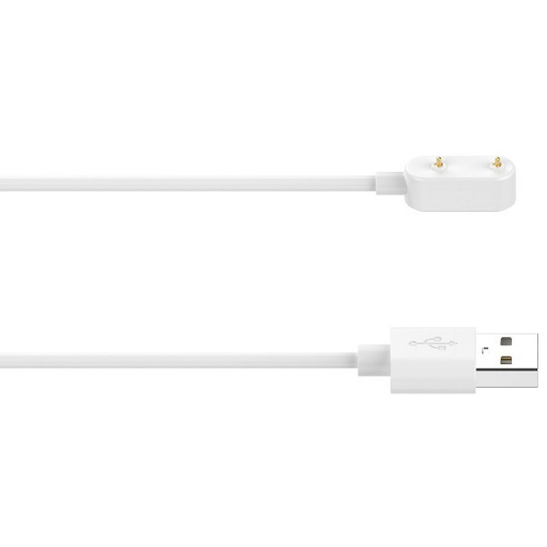 Weißes Ladekabel mit USB-Anschluss und magnetischem Ladekopf, weißer Hintergrund.