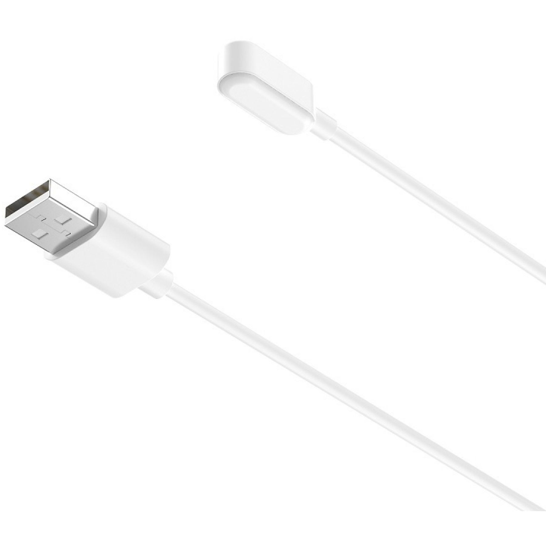 Weißes USB-Ladekabel mit USB-Anschluss und Ladekopf, weißer Hintergrund.
