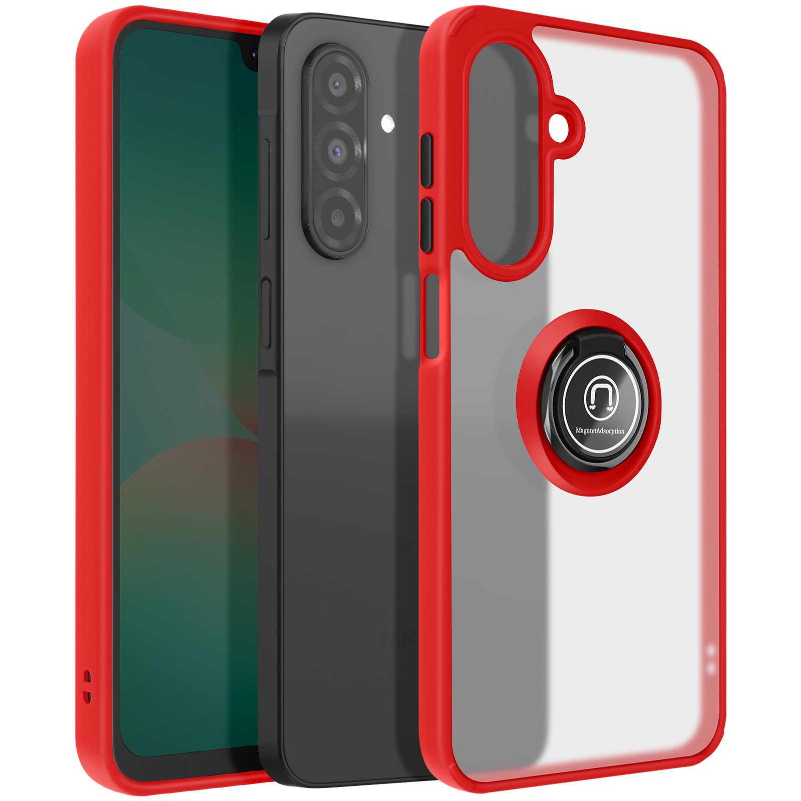 Drei Handyhüllen, mit einem schwarzen Telefon in der Mitte. Die rote Hülle hat einen Ringhalter.