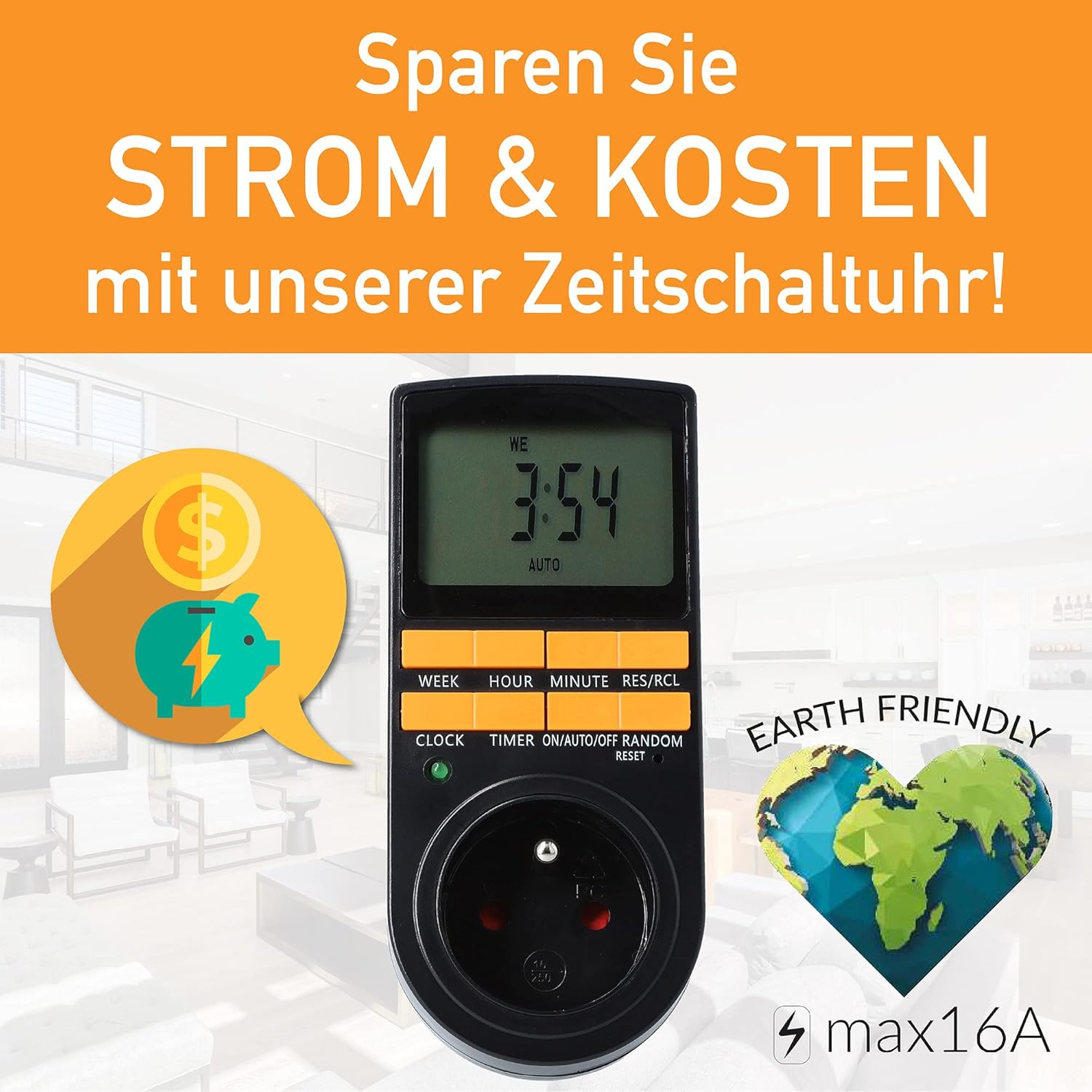Schwarzer digitaler Timer mit Stecker, Text zum Energiesparen und Sparschwein-Symbol.