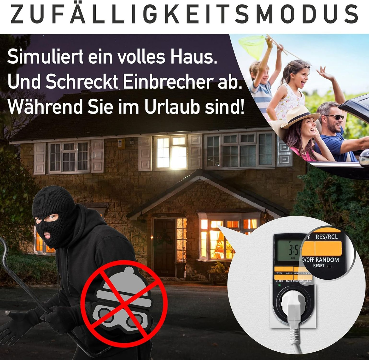 Bild eines Hauses bei Nacht mit einem Einbrecher. Ein Gerät wird gezeigt, zusammen mit einer Familie im Auto.