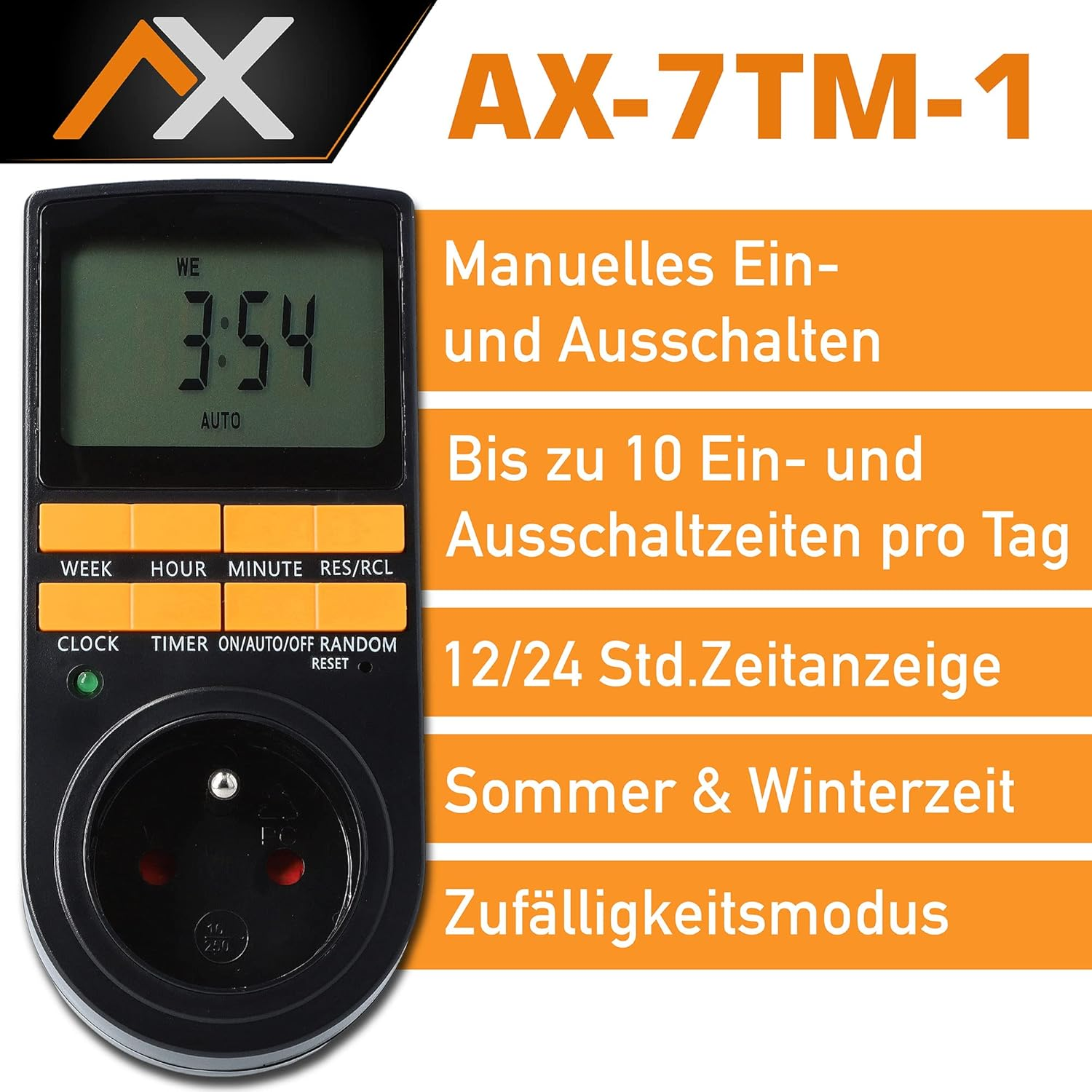Schwarzer digitaler Timer mit Stecker, Text über Funktionen. Orange-schwarzes Farbschema.