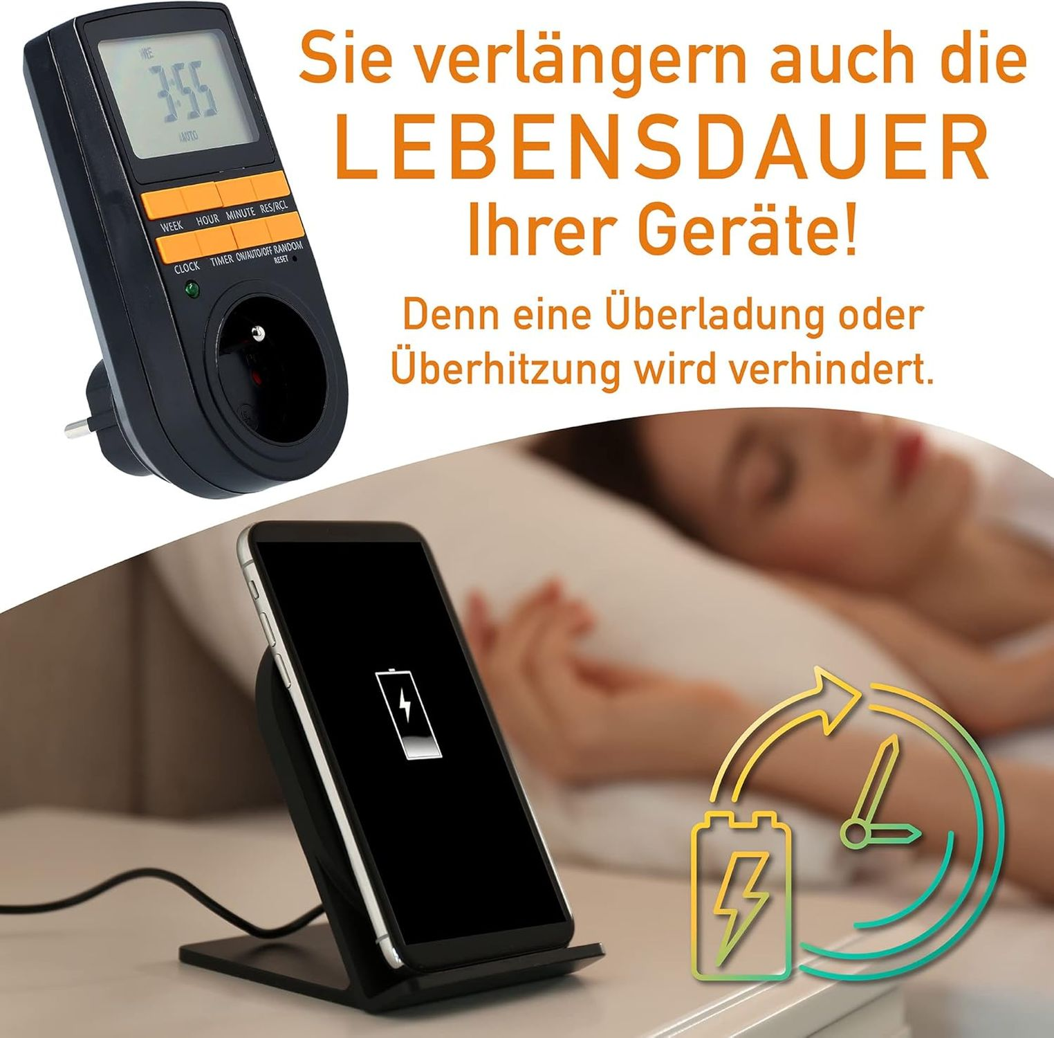Ein Telefon auf einem kabellosen Ladegerät. Eine Steckdose mit eingestecktem Gerät zeigt die Zeit und Leistung.