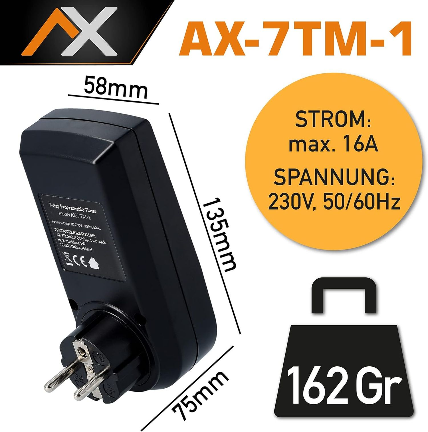 Schwarzer programmierbarer Timer mit Abmessungen, Stecker und Spezifikationen auf weißem Grund.