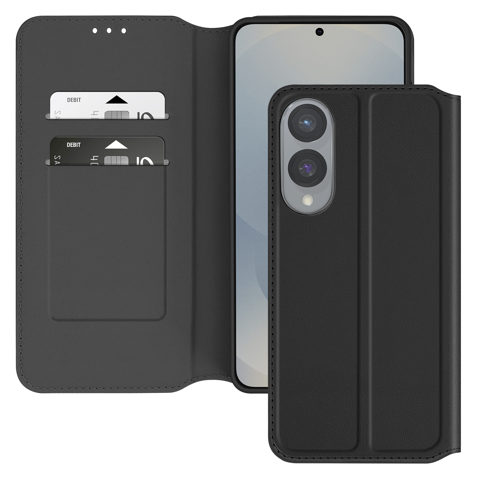 Custodia per telefono nera con fessure per carte. Carte visibili. Visualizza lo schermo del telefono.