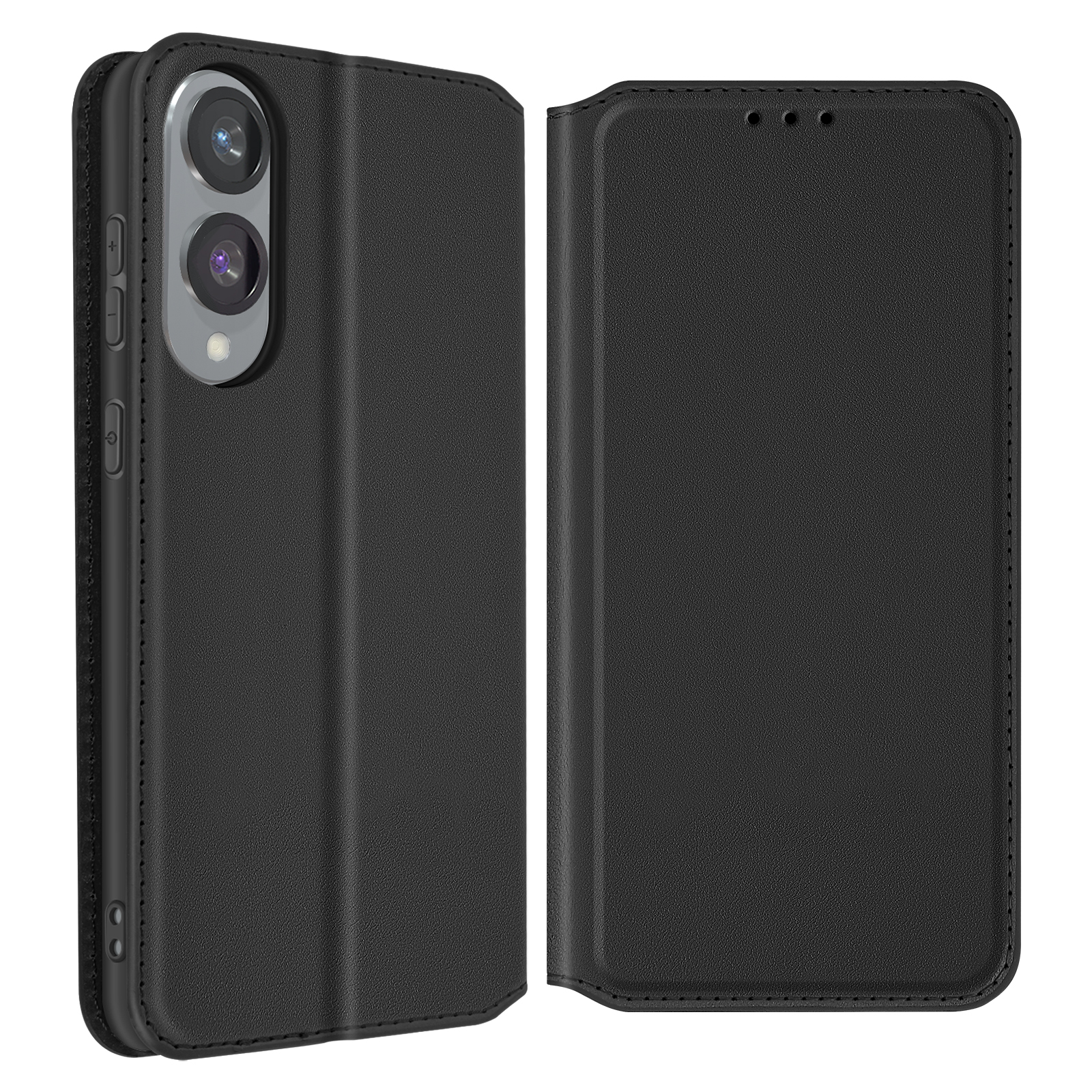 Custodia per telefono nera, chiusa e aperta, che mostra un telefono con fotocamera. La custodia è nera.