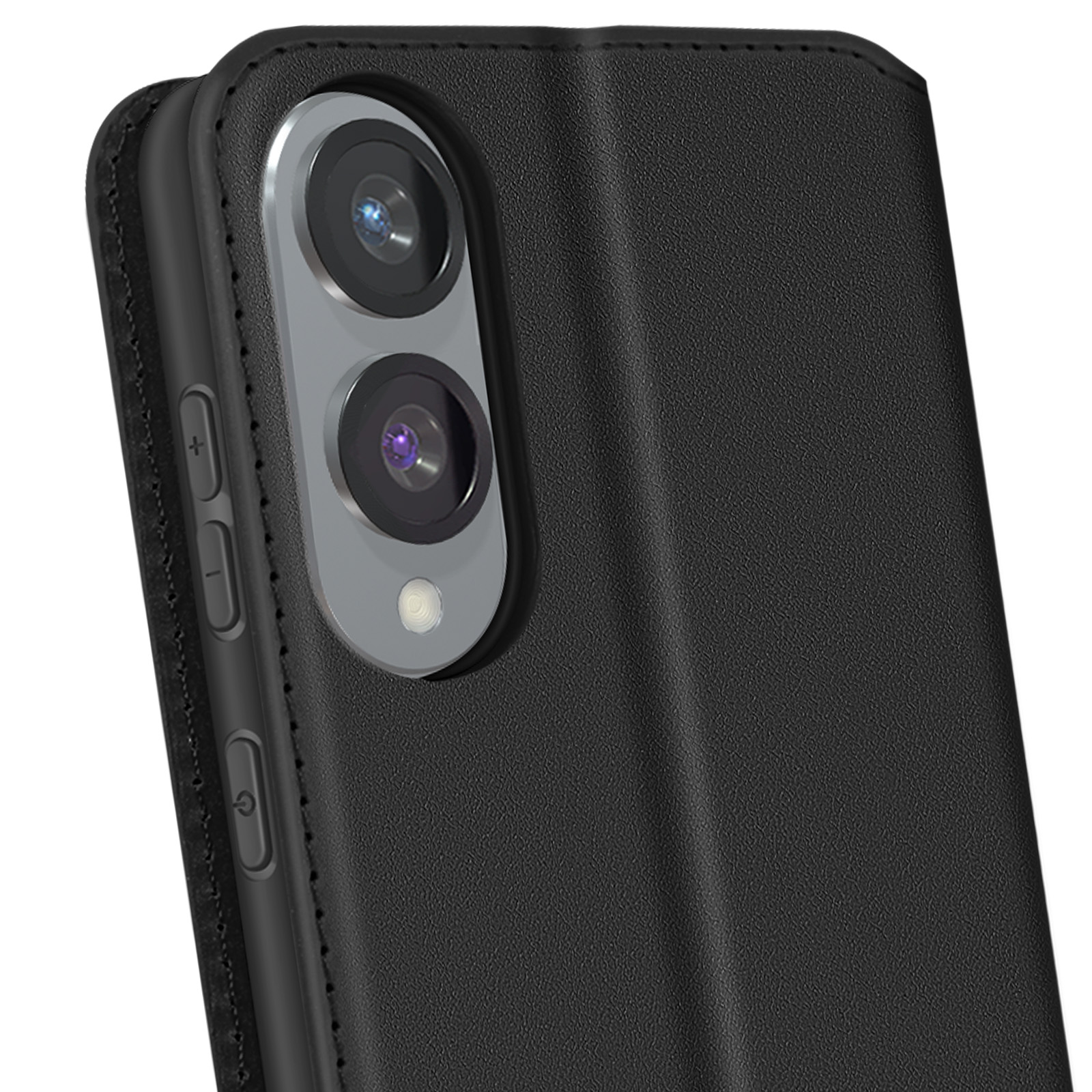 Primo piano di una custodia nera per telefono, con le lenti della fotocamera visibili.