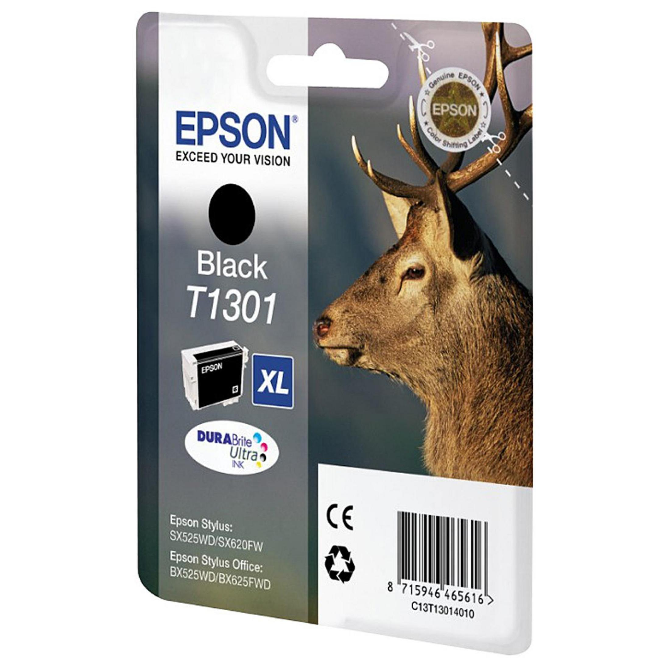 Eine Verpackung für eine schwarze Tintenpatrone. Das Bild zeigt einen Hirsch vor verschneitem Hintergrund.