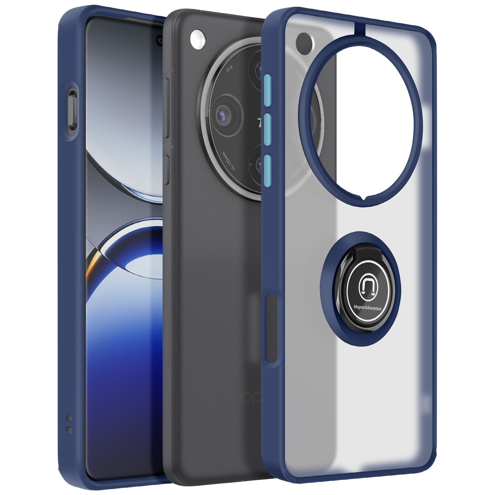 Funda de teléfono azul con un teléfono dentro, con un soporte de anillo.